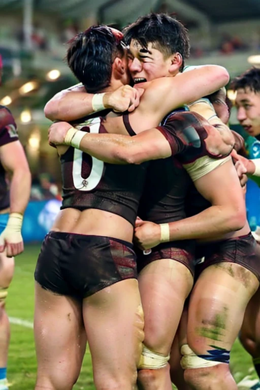 Some men push a rugby handsome man on the field,and took off his clothes,touch his body parts。hair Chest muscles!chest hair!Cinematic texture