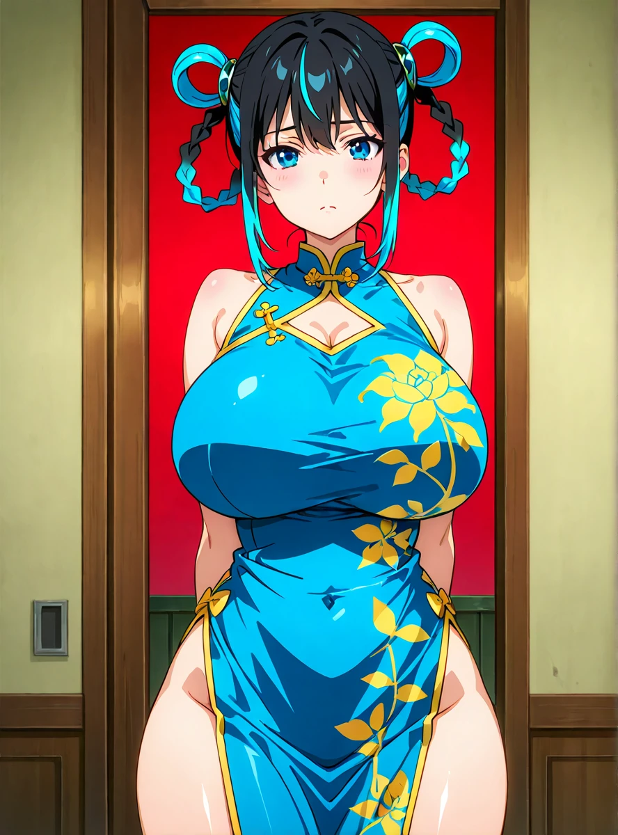 Super detailed、masterpiece,long hair,huge breast,((China dress)),smile,bare shoulder,squatting,looking at the camera,Spread your legs