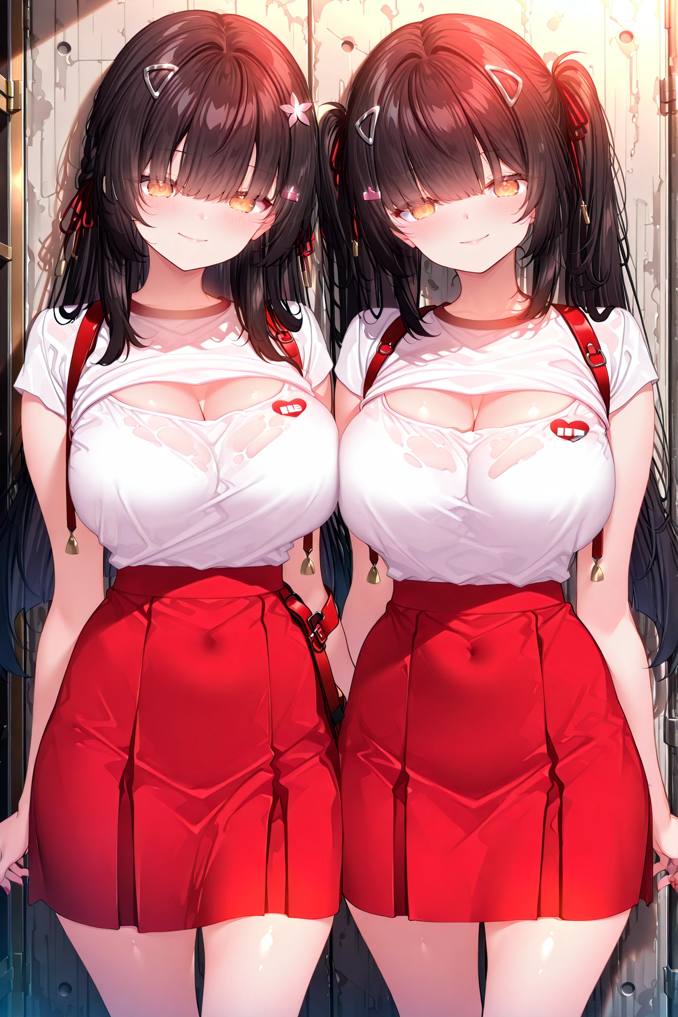 Virgin、twin tails、Hanako、red jumper skirt、魅惑的な笑顔、Big Breasts、dark haired、 Lori figure、Standing and seducing