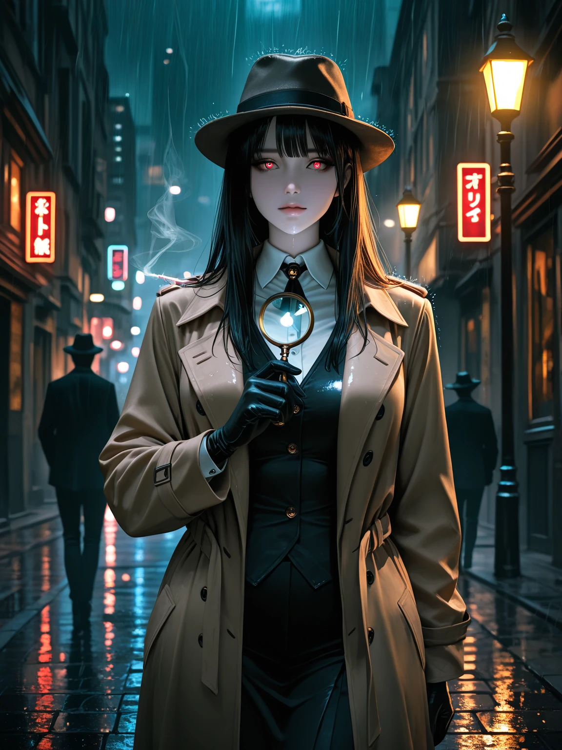 Kuchisake,blue eyes,long black hair,white hat,white trench coat,cleavage,surgical mask,standing,upper body,empty streets,night,fog,moon,(insanely detailed, beautiful detailed face, masterpiece, beautiful detailed eyes, best quality),<lora:KuchisakeWHITE-10v2:0.8>,