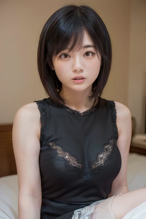 (8k, RAW Photo, Best Quality, Masterpiece:1.2), Ultra Detail, Super Resolution, (Realistic, Realistic Photo:1.37), Portrait, High Detail RAW Color Photo, Professional Photo, Extremely Detailed and Beautiful, Extremely detailed, 8k wallpaper, amazing and detailed, huge file size, official art, highly detailed CG unity 8k wallpaper, highly detailed beautiful girl, highly detailed face, highly detailed eyes, highly detailed skin, highly detailed fingers, highly detailed nose, very detailed detailed mouth , perfect anatomy, highly detailed background, highly detailed clothes, 1girl, (20:1.2), 20s, cute girl, realistic body, petite, fair skin, glowing skin , slim body, handsome body, black hair , short hair, (blunt bangs:1.2), smile, cute, youthful, cute face, realistic face, delicate eyes, drooping eyes, lingerie, see-through, earrings, looking at viewer, cowboy shot, facing front, standing posture, Contraposto, dynamic lighting, very large breasts, cowboy shot