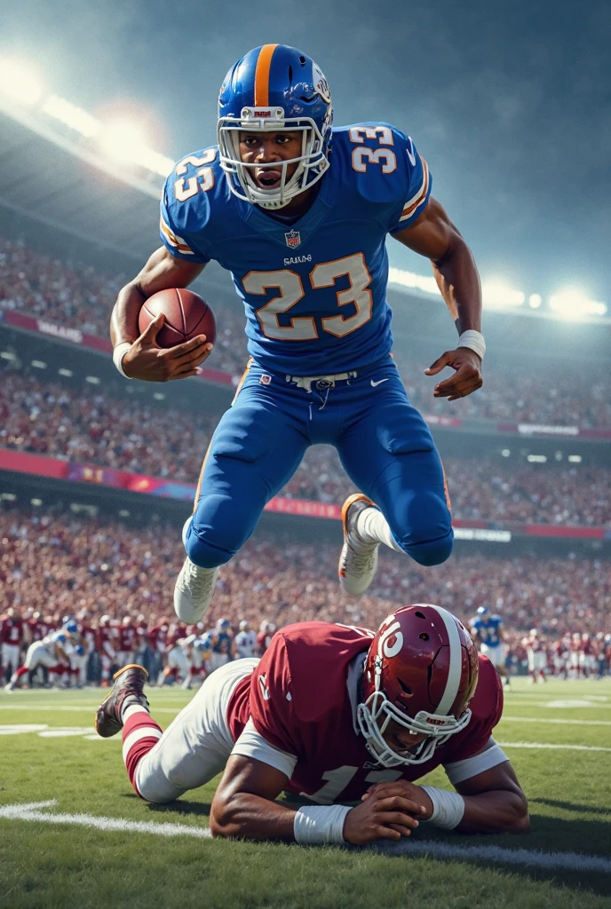 A professional football player, detailed  features, muscular body, intense action pose, football stadium, dynamic motion blur, cinematic lighting, vibrant colors, 4k, best quality, photorealistic
