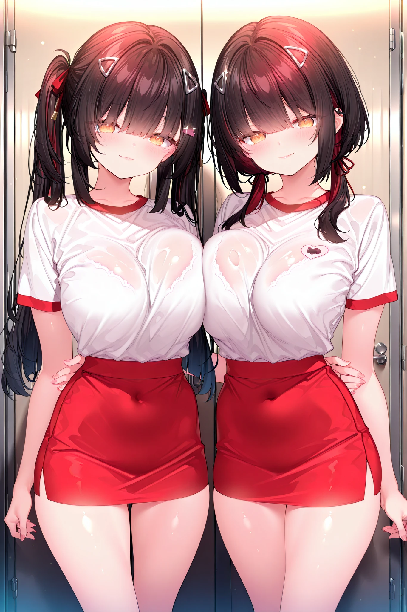 Virgin、twin tails、Hanako、Red Mini Skirt、魅惑的な笑顔、Big Breasts、dark haired、Short Height、 Lori figure、Standing and seducing