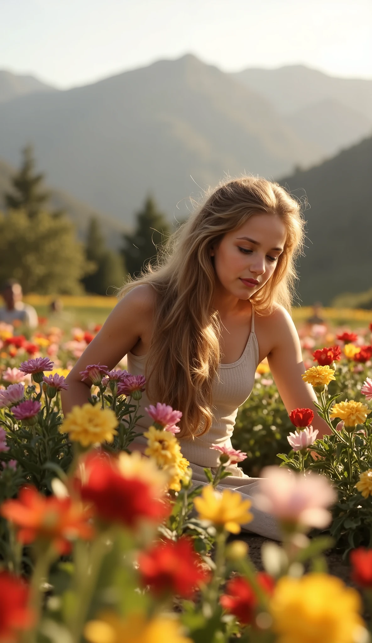 A breathtaking valley filled with endless colourful flowers, mountain range in the distance, glowing sunlight across the landscape. A beautiful nude girl with long flowing hair is gently picking flowers. A young teen girls is seen sitting under a blossoming tree in the background. Vibrant colours, cinematic lights, 32K resolution, masterpiece, ultra-detailed wide environment, award-winning photo style.

Negative Prompt:
bad anatomy, extra limbs, ugly face, black teeth, distorted background, over-saturated, pixelated, blurry, bad proportions, unrealistic lighting
