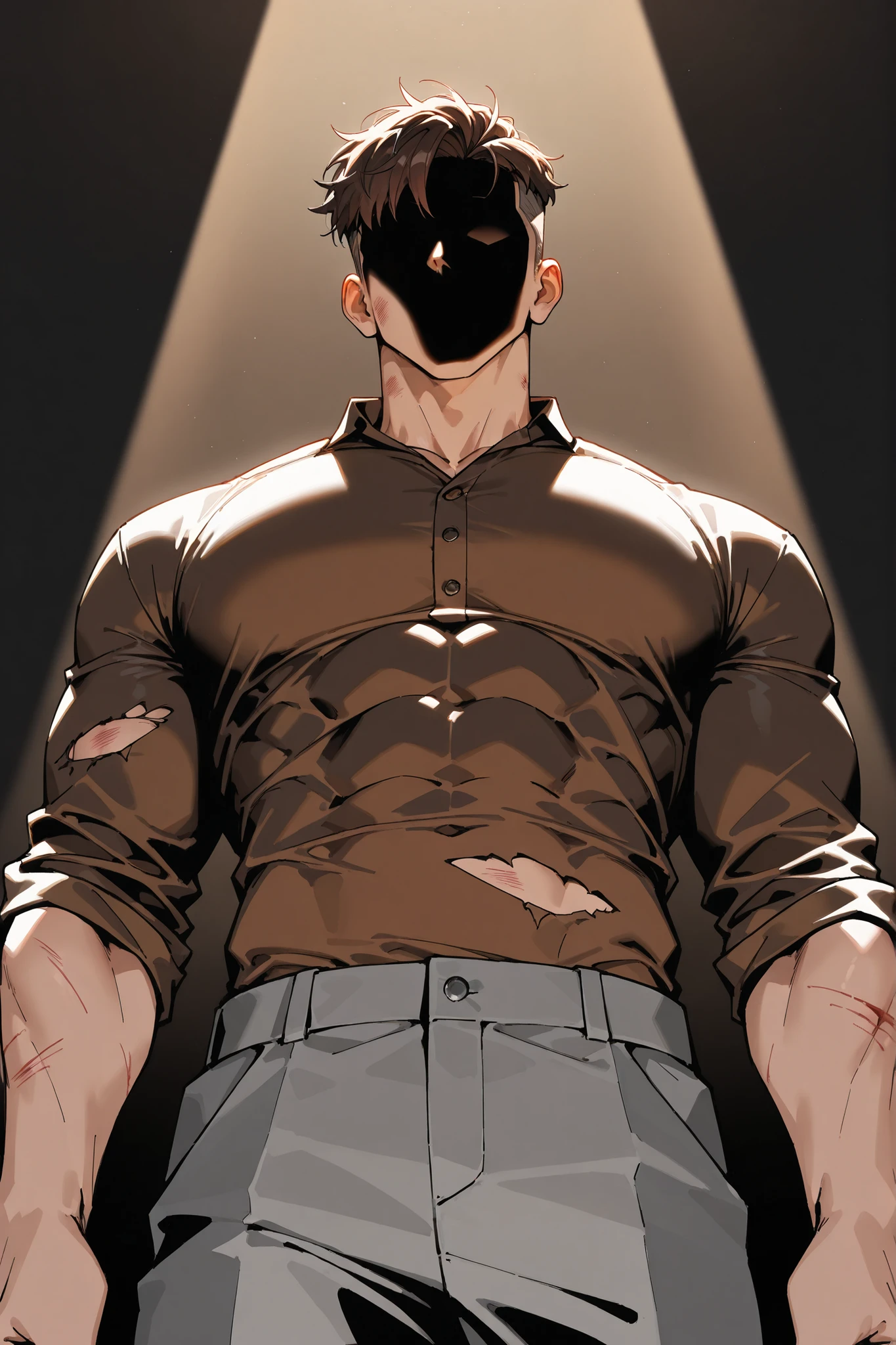 (very detailed:1.2, Masterpiece:1.2, PREMIUM QUALITY:1.2, high resolution on the coast:1.2), 1boy, brown hair, short hair with bangs that fall over the forehead and on both sides of the face, undercut, muscular male, big, tall, abs, brown shirt, torn, torn shirt, shaded face, high contrast, covered face, injury, bruise, spotlight, religious, simple background, blackground, upper body, from below, grey pants