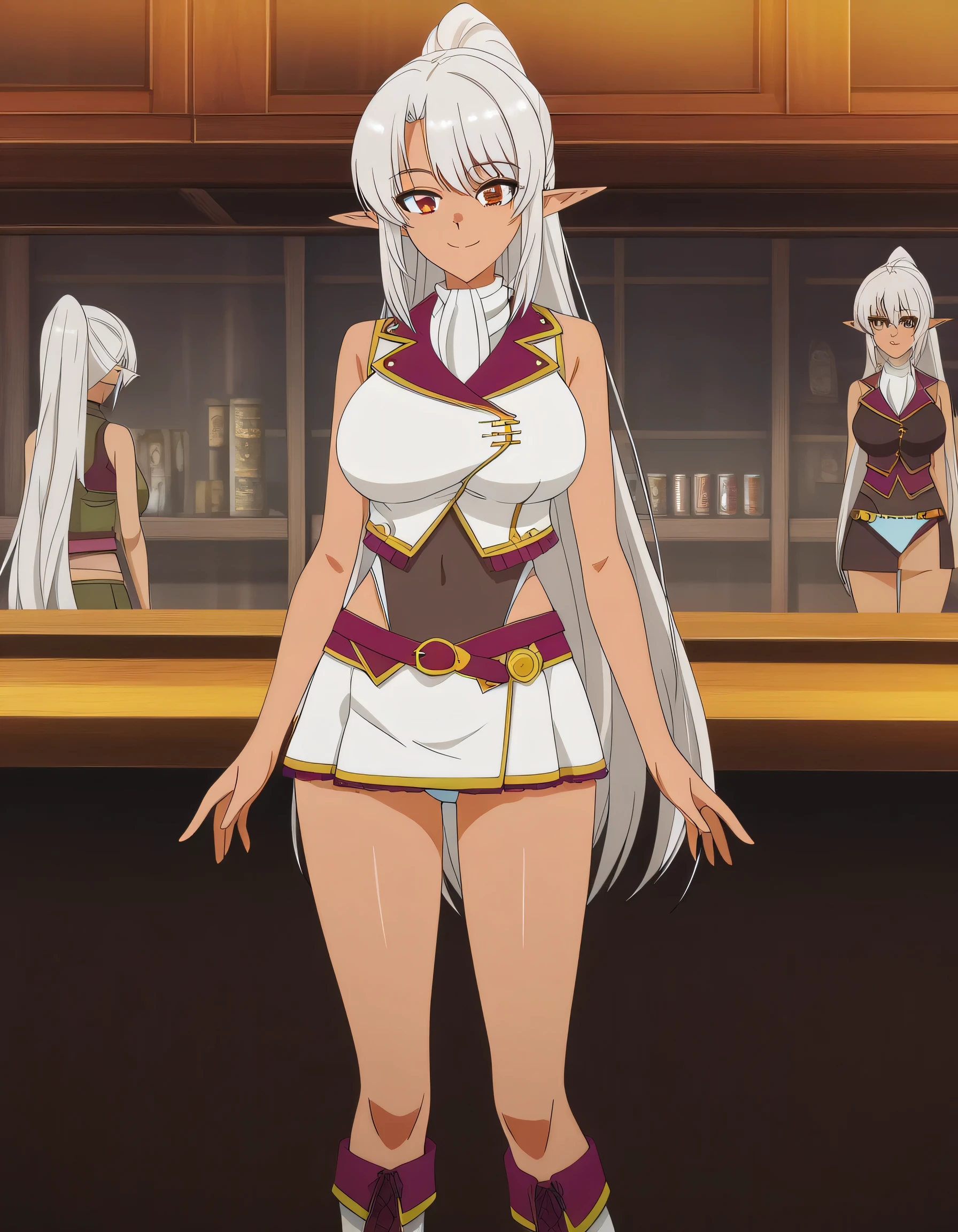 I'm in front of the bar counter,alone，I'm looking at me from the front，Smile Yan，can you draw a slightly longer miniskirt，front flag patch,can you draw a woman who looks at me and smiles,woman standing，Inside the building，silvery long hair, ponytail hair ，  Silk amberwood, sleeveless costume。big breasts，micro mini skirt，light blue panties，is a top priority ，Beautiful legs，boots，long hair, ponytail,    Silver Hair, Pointed Ears, , white skinned woman , Elf, dark Elf, I am alone，Inside the building，The expression of 、don't cut out my face，Anime CG，，