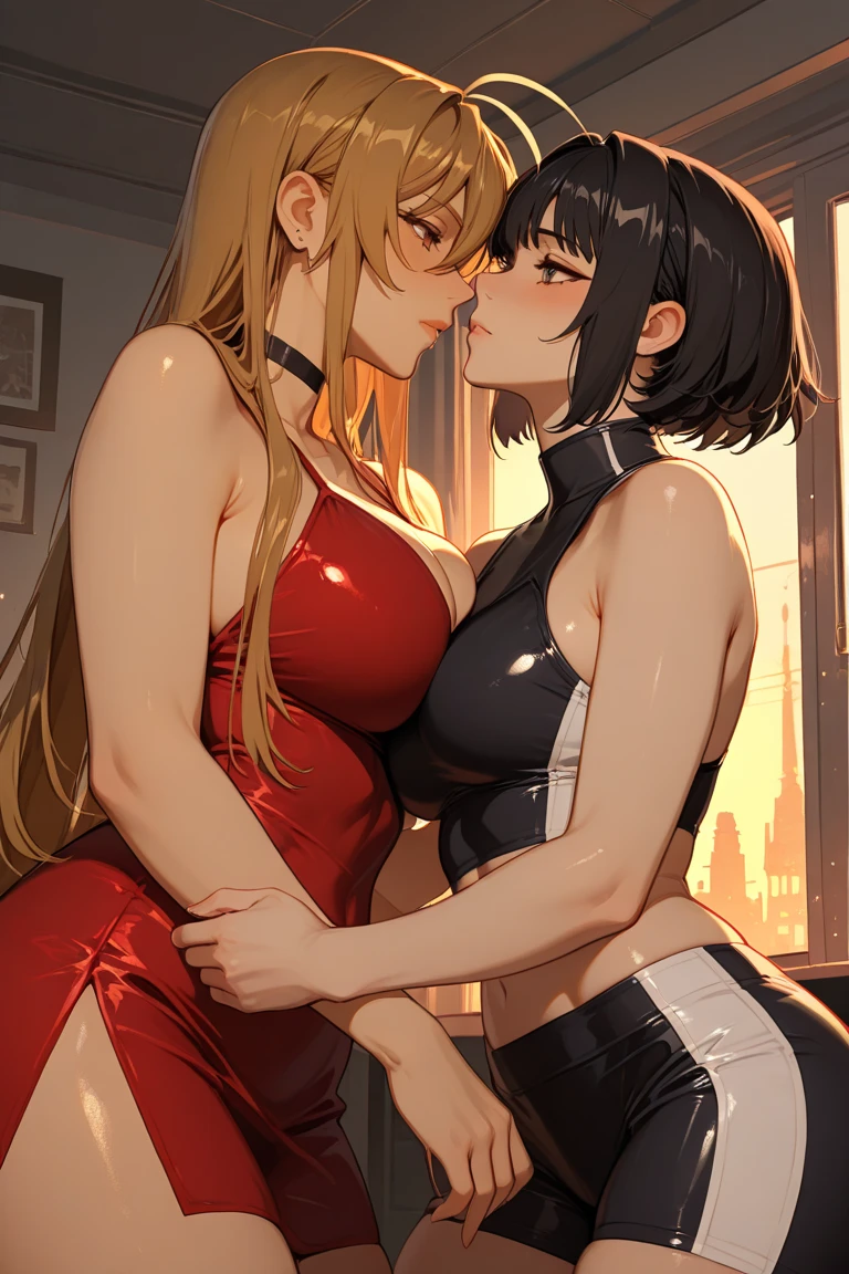 Best Quality, masutepiece, finely detail, huge filesize, Ultra-detailed, hight resolution, the Extremely Detailed CG Unity 8K Wallpapers, extremely detailed eye and face, Ray tracing, Looking at Viewer, Illustration depicting the upper body of a young woman leaning against an office desk,Emphasis on posture,Lighting emphasizes the contours from the side,bars,shop front,((2girls)), Highly detailed , Asymmetric docking, face each other、((((Pressing your breasts against each other)))), girls sandwitch,((Hephaestion,morgan )),Pretty woman in a tall red dress,black dress, blue ribbon, collarbone, dress, long sleeves, open clothes, open dress, thighhighs