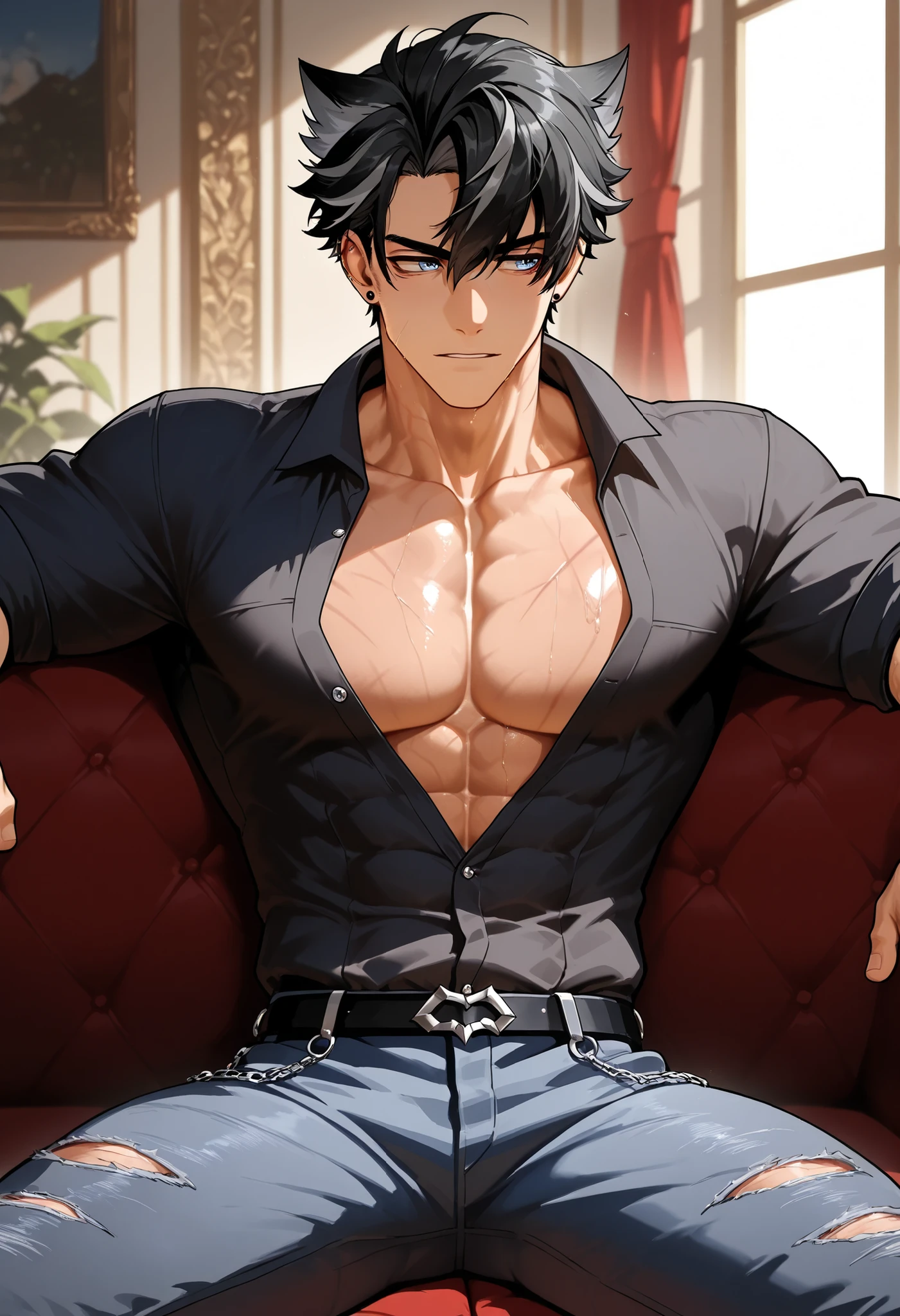 (human) men Wriothesley, sitting on the sofa, with unbuttoned jeans  , European style room  , buttoned dress black shirt  , visible muscles veins, solo,  light from the windows hitting your body , short haircut, black hair, blue Eyes, Light skin with. Tanned, trending on bbwchan, up close wriothesley, inspired by Abdullah Gërguri, perfect muscle structure, muscular men, very attractive men, alone, muscular musculature, , beautiful musculature, aesthetic stretch marks, inspiring physique, lean musculature, square pecs, beautiful v-shape, great abs and torso, (male face) chiseled abs, chiseled pecs, with his black military haircut and voluminous neck, narrow waist, human, attractive face, masculine face.  a men who presence inspires confidence and respect. 