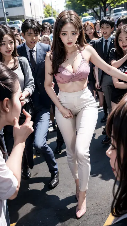 Highest quality、masterpiece、detailed、High resolution、8K、Photorealistic、Sharp focus、High-level image quality、Professional Lighting、非常にdetailedな、Depth of written boundary、(Big Breasts)、K-Cup Bust、Large areola、Erect nipples、,、Huge Ass、Thick thighs、Loose body、Voluptuous body、Thick upper arms)、((Beige lace bra))、((Cleavage))、(((Push your breasts together with your arms)))、