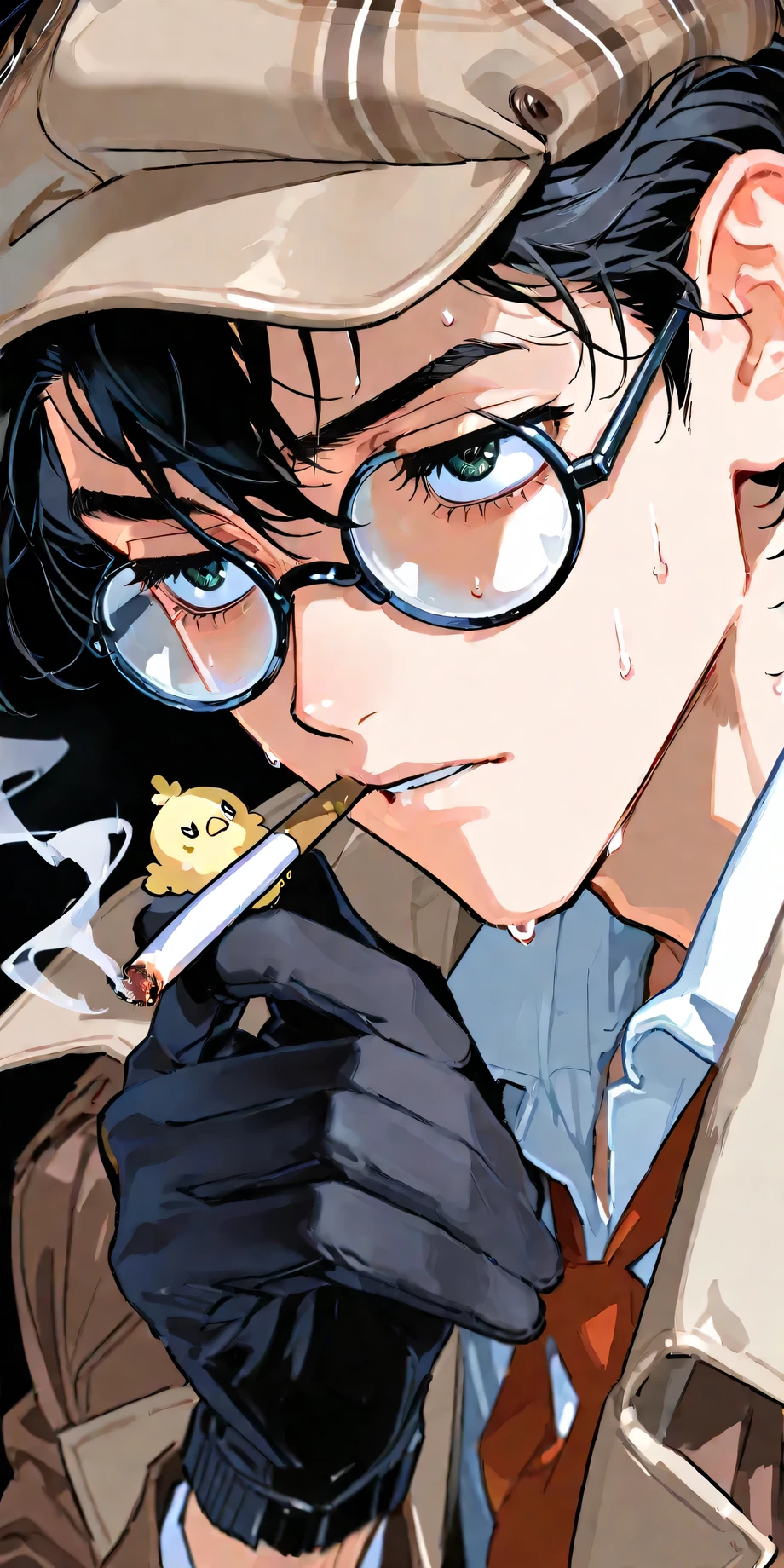 Background:back alley,Detective,Detectiveの帽子,Pill Glasses,is looking around looking for something,sweat,,short hair,black gloves,smoking tobacco,Detectiveのスーツ,Anxious Expression,solo,1 male,younger,新人Detective,,Dramatic,anime chick,safe content(masterpiece, 最High Quality, High Quality, 詳細なBackground, complicated details,complicated,ultra high definition, very beautiful ,Newest:1.2)