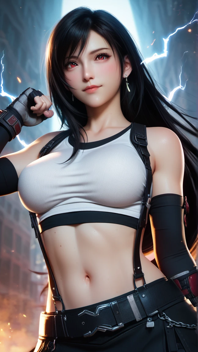 (8ｋ、highest quality、A masterpie:1.2)、(Realistic、photorealistic:1.3 Mature Woman Man 7)、Super Detailed、Girl 1 Mature Woman Person、cutest、solo、、、(tifa lockheart)、(big chest)、(((Huge boobs)))、(((Shift clothes to show bra)))、(((a black bra)))、(beautiful eye)、(smile face:1.2)、(Closed)、erotic pose、dance、neons、street scenery、and depth of field、Dark and strong shadows、Sharp focus、auto、motion blur、bike、and depth of field、composition、Glowing green light、Final Fantasy VII、tool、（nose blush）、Single Elbow Pad、Ankle Boots、dark black hair、black thigh、red boots、Elbow Gloves、Elbow pads、Fingerless Gloves、Taut Shirt、sports bra、（suspenders,,）Black Skirt)、thights、white tank top、All over body、head rest、s lips、Facial、Low Tai Long Hair、(red_Ojo))、Yellow flowers、(night:1.3)、Complex、Bokeh、Cinematic Lighting、Photon mapping、Radiosity、physically based rendering、(Tetsuya Nomura Style)、NSFW、Perfect Breast