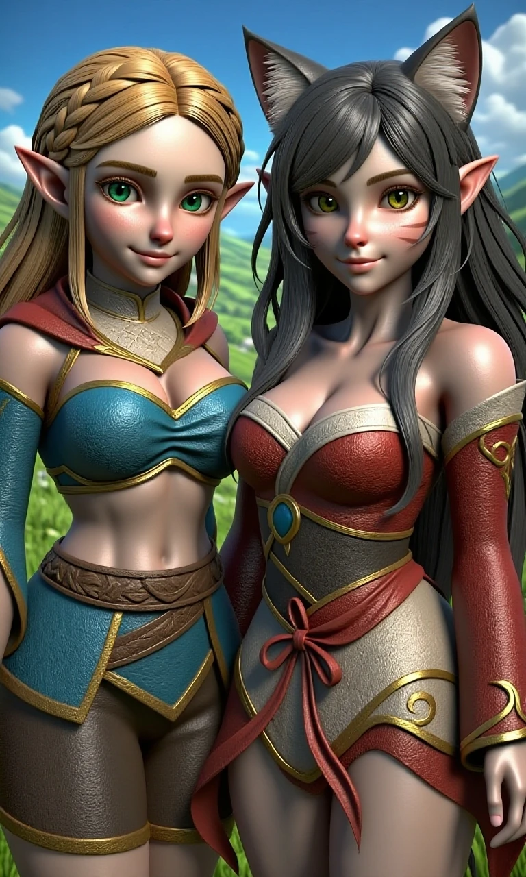 Ying,pointy ears,black hair,ponytail,black eyes,
bare shoulders,dress,hair ornament,jewelry,gem,cleavage cutout,
smile,(2girls:1.3),twin sisters,look-alike,entangled,
waterfall,morning,
(insanely detailed, masterpiece, best quality),<lora:YingPL:0.8>,