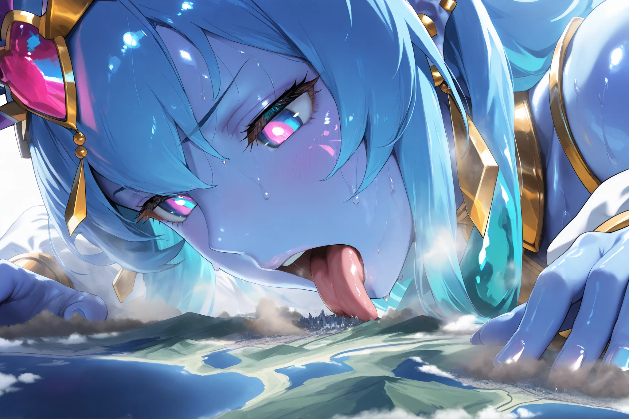 (masterpiece , Highest quality , Ultra-high resolution) , 1girl , spirit king wave , gold headpiece , shoulders , white pelvic curtain , gold armor , white leotard , white puffy long sleeves , gold ear piercing , (blue skin) , latex skin , glossy skin, glossy hair, white tattoo , (Sweat) , (steamy), glossy skin , shiny skin , glistening skin, Macro, Giantess, Landscape, Aerial Perspective, close up, , R-18, cool backlight, lying down, focus on face, open mouth, tongue, licking,