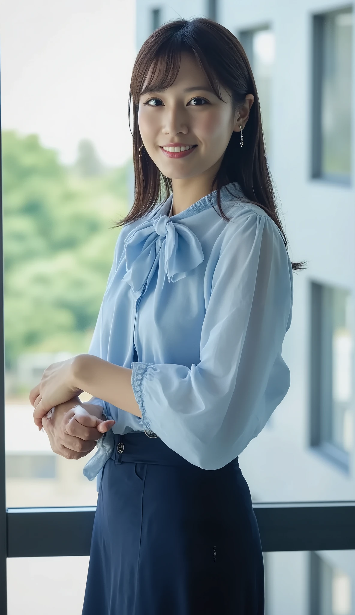 very beautiful Japanese newscaster's 、draw a stunning portrait . 25 year old Japanese、
light makeupで清楚な美人。
long face、Shape of eyebrows、light makeup。
medium length straight black hair。
gentle smile。
slender and delicate body、thin waist。
short sleeve light blue bowtie blouse。
midi length dark blue tight pencil skirt。
Office Street Corner、Side Waist Shot、Obscene mother。 adds a sophisticated and intimate atmosphere to portraits . The overall image is bright、 is visually impressive