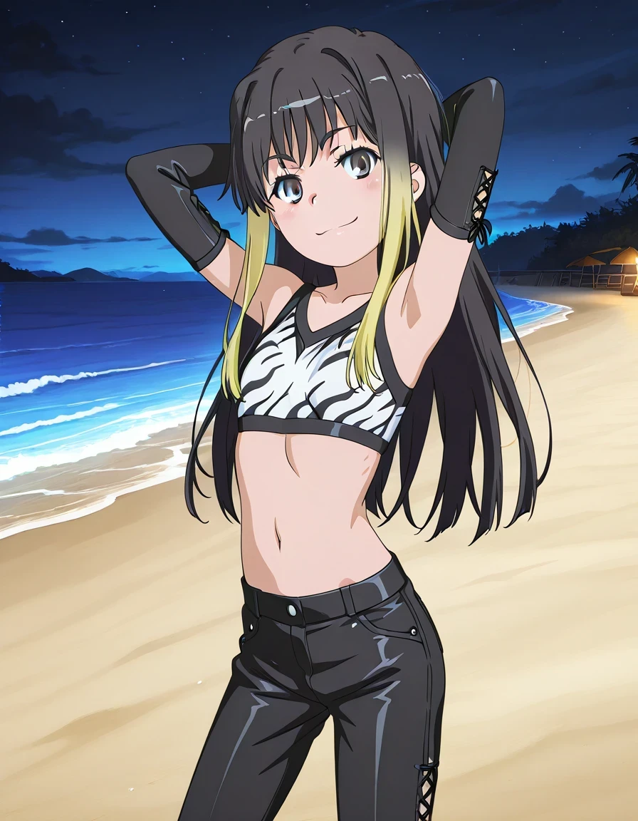 Kuroyoru_Umidori, Toaru Kagaku no Railgun & Index anime style, long hair, black hair, multicolored hair, blonde hair, flat chest, crop top, midriff, black pants, skintight pants, boots, elbow gloves, fingerless gloves,  anime screencap, high quality, solo, night sky, beach, armpits, (arms behind head), ((contrapposto)), closed mouth, cowboy shot, looking at viewer, smile, best quality