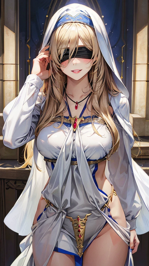 (masterpiece:1.3, Highest quality, Ultra-high resolution, Super detailed), (Realistic, photoRealistic:1.4), Beautiful illustrations, Shine光, Shine, colorful, Depth of written boundary, 
Beautiful detailed hair, Beautifully detailed face, Beautiful attention to detail, Beautiful clavicle, Beautiful body, Beautiful breasts, Beautiful thighs, Beautiful feet, Beautiful fingers, 
View your viewers, 1 Girl, Japanese, sword_Otome, (Perfect Anatomy, Anatomically correct, Highly detailed skin), Cute and symmetrical face, Baby Face, Shiny skin, 
(Long Hair, Straight hair, Blonde), blue eyes, Glowing Eyes, Long eyelashes, (Large Breasts:1.2, Big Ass, Captivating thighs), Perfect Face, Perfect Eyes, Perfect Fingers, Sexy Body, 
(Blindfold, dress, white dress, habit, jewelry, black Blindfold, necklace, Removable sleeves), mascara, (Fashion Makeup), Cleavage, 
(Highly detailed background, Complex background), Daytime, (guild, guild room, Quest Board, window, Road View, Medieval), , (Cute smile, Part your lips), 