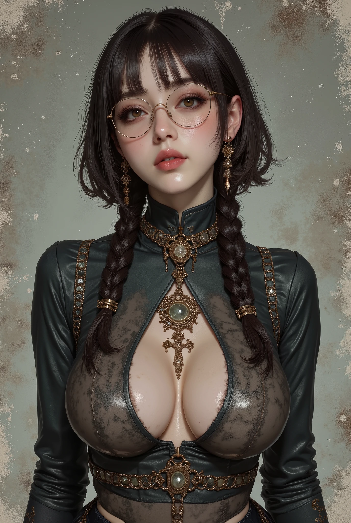 Chinese women, heavy Compensate, Brave and cheeky, Violet eyes, Black shawl long hair, ((((Huge glasses, Nerd Glasses, Thick glasses, Round Glasses))))、 Magnificent golden armor, Sculptures of medieval armor, Golden red phoenix cloak, Headdress with gold wreath, Full body photo, Compensate, Written boundary depth, Panorama, Opposites movie pictures: 1.3), (reality: 1.3), (Romance: 1.3, masterpiece, photo shoot:Lee Jeffries, Award-winning, Nikon D850 camera roll, Kodak Portra 400 Camera F1.6 Lenses, 非常にFamiliar, wonderful, finely, saturated color, 超reality的なリアルなテクスチャ, Dramatic lighting, Unreal Engine, Art Station Trends, CineStill 800 Tungsten Lamp, Looking at the audience, reality的, RAW Photos, Tanvir Tamim, high quality, High resolution, Sharp focus, 非常にFamiliar, Cinema Lighting, 8K Ultra HD, Very detailed, (crystal cubism: 1.3), (マジカルrealism: 1.3), (realism: 1.3), Ultra Familiar, Familiar, Clarence Holbrook Carter, Ed Emshwiller, society, Art Station Contest Winner, Art Station Trends, Deviantart Contest Winner, 「fall out」