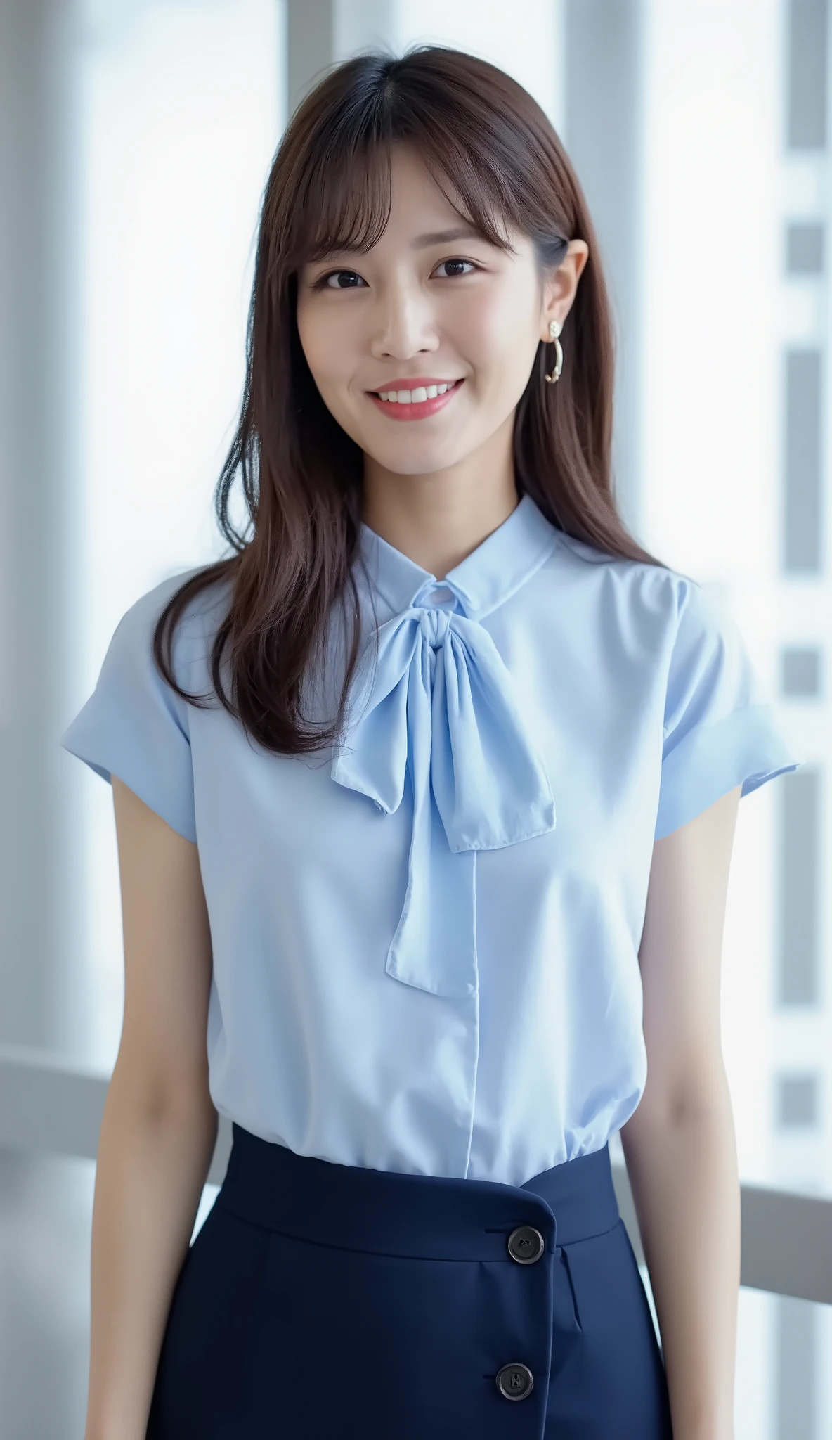 very beautiful Japanese newscaster's 、draw a stunning portrait . 25 year old Japanese、
light makeupで清楚な美人。
long face、Shape of eyebrows、light makeup。
medium length straight black hair。
gentle smile。
slender and delicate body、thin waist。
short sleeve light blue bowtie blouse。
midi length dark blue tight pencil skirt。
Office Street Corner、Side Waist Shot、Obscene mother。 adds a sophisticated and intimate atmosphere to portraits . The overall image is bright、 is visually impressive