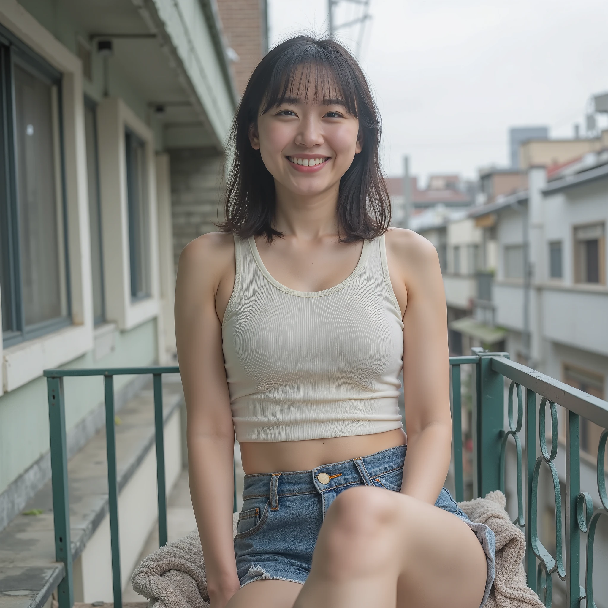 Detailed, 古い集合住宅のバルコニーに干された洗濯物のvisibleな写真, Conveying a sense of everyday life.A woman in a tank top and jeans shorts relaxes on the veranda、『1 Japanese girl:1.3』『raw photo:1.3』Highest Quality:1.2、((Saggy big breasts、Slender waist:999))、I can see a little cleavage、((34-year-old woman))、 No makeup『showing teeth and smiling:99』、(((Anatomically Correct、perfect anatomy、Anatomically Correct指)))、visible, Highest Quality, ultra high definition, RAW photo,