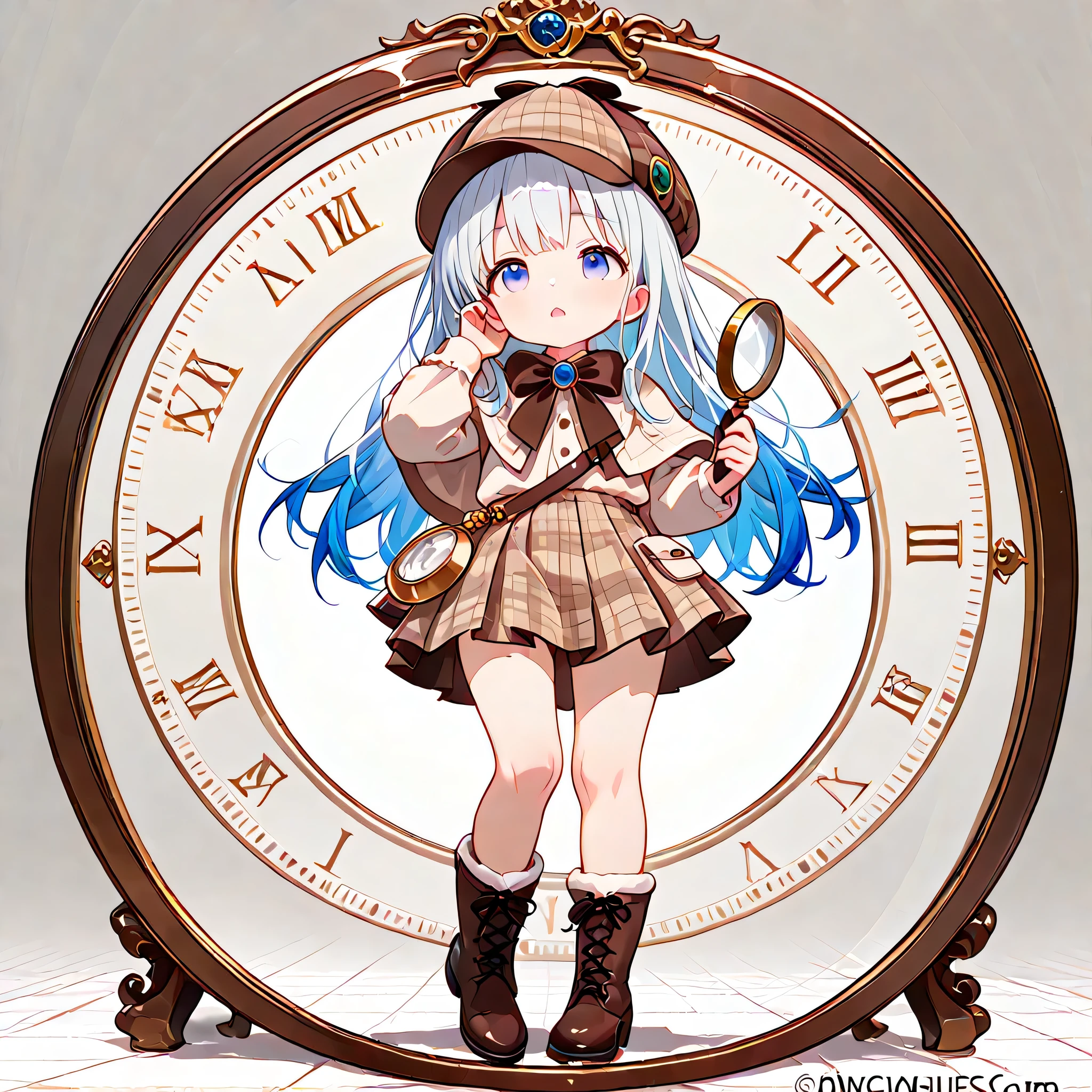 girl, cute face, Sherlock Holmes, slim figure, baby face, milky white and blue gradient hair color, simple background, droopy eyes, amazing composition, highest quality, official art, detailed, high quality, CG, award-winning piece, detective, brown and beige checkered hat, pocket watch hanging from neck, checkered pleated mini skirt, brown mini cape, long boots, large magnifying glass, eyes appear larger through the magnifying glass