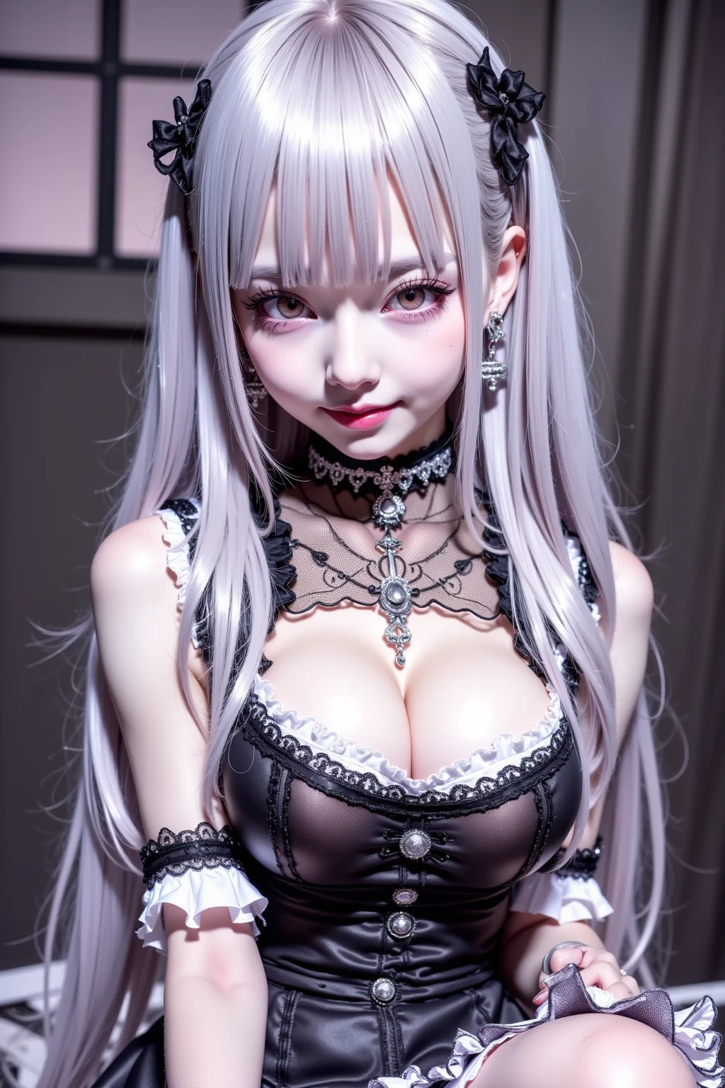 masterpiece, highest quality, 1 girl, (18-year-old:1.2), very good eye clarity, (symmetrical eyes:1.3), studio photography，(big breasts: 1.2), gray hair, shortcut, purple eyes，thin waist，See-through，erect nipples，tattoo