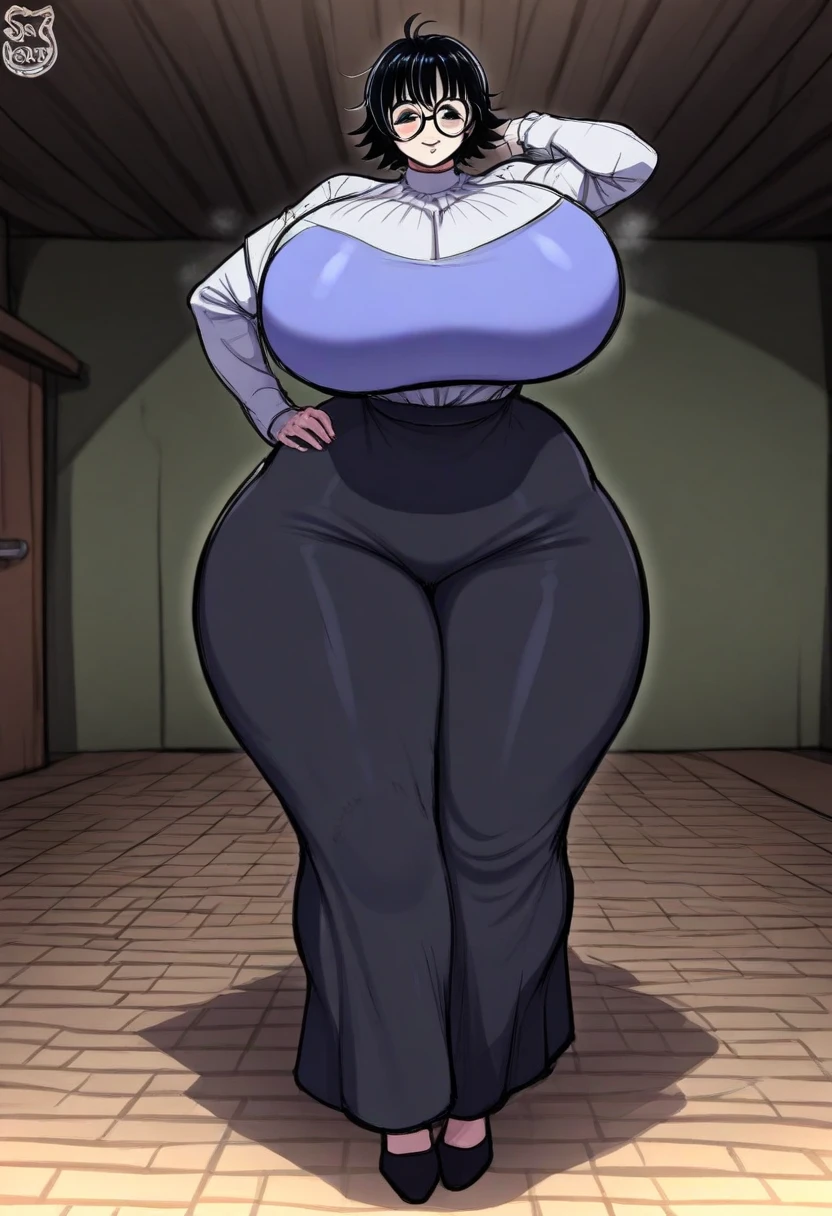 Psychologist woman, milf, extra curvy, mischievous face, big round glasses, pale skin, Red lips, black hair, onion hair up, sweater gris, black dress pants, Thin waist, Wide hips, thick thighs, long legs, office background with bookcase
