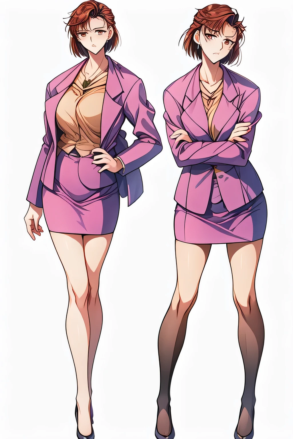 can you draw a female detective,,A woman who thinks with her arms crossed, ，can you draw a more delicate expression?，（Short Red Hair） can you delicately draw a thoughtful expression,， ,Brown Blazer,    Female Teacher ，miniskirt，,amazing thighs ，Beautiful legs，High Heels，is standing，,don't trim your face with facial expressions first，