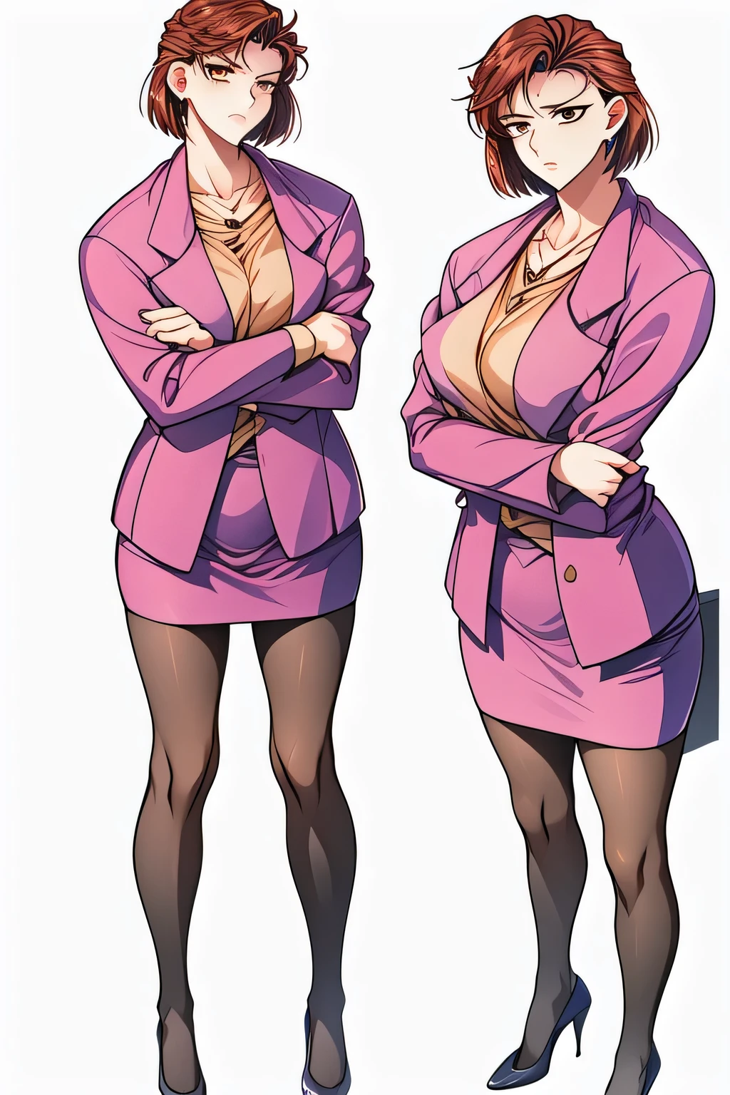 can you draw a female detective,,A woman who thinks with her arms crossed, ，can you draw a more delicate expression?，（Short Red Hair） can you delicately draw a thoughtful expression,， ,Brown Blazer,    Female Teacher ，miniskirt，,amazing thighs ，Beautiful legs，High Heels，is standing，,don't trim your face with facial expressions first，