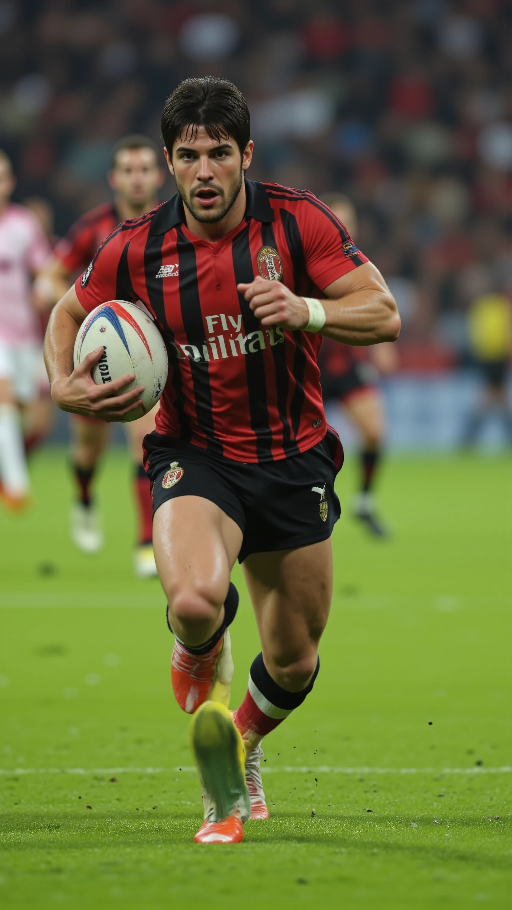 highdefinition image、Italian Treasure Image of Roberto Baccio wearing a ACミランの uniform and running with( a rugby ball) on the ground