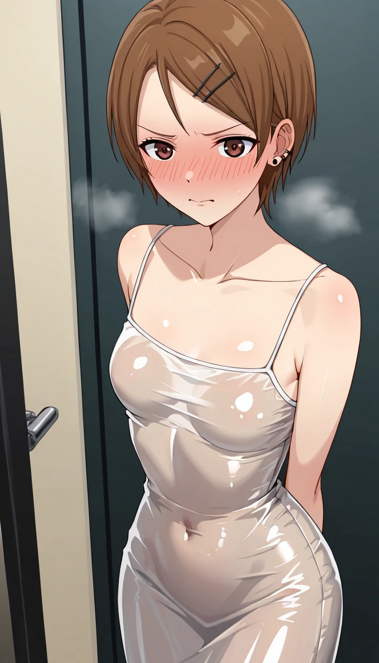 、(masterpiece、Highest quality)、Highest quality, Ultra-high resolution, (((masterpiece))), alone, Sweat、Big eyes, Composition from the front、Shortcuts、Embarrassed face、Bronze colored hair、Cut the back hair short、Bathroom、Shower scene、 Expose、Completely naked、pubic hair、belly button、Large areola、Nipples、short hair