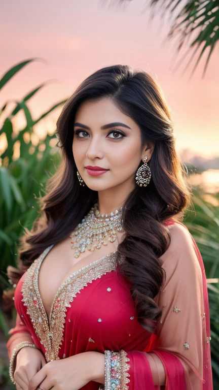 Portrait of A confident-looking indian woman with long flowing hair, hazel eyes, without flowing capes, Cleopatra fabric with laces, c-cup breasts, sitting in grass, water background, bokeh, perfect composition, hyperrealistic, super detailed, 8k, high quality, trending art, trending on artstation, sharp focus, nude studio photo, intricate details, highly detailed, art by greg rutkowski