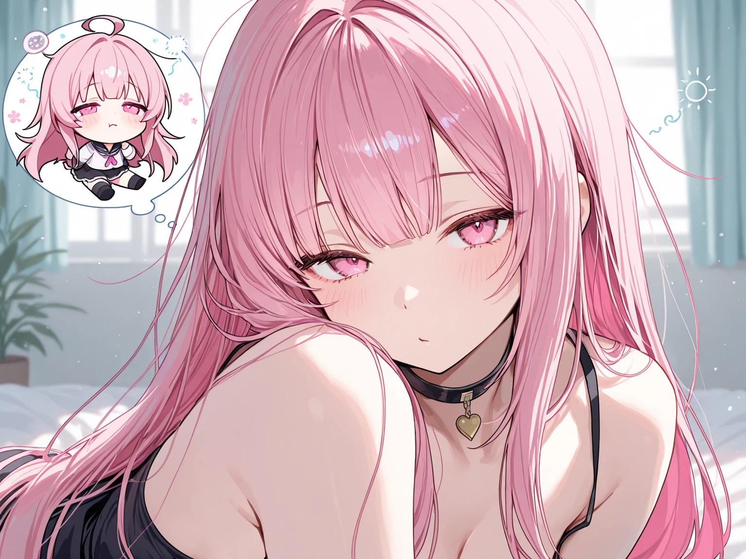 One girl、A little sexy、Blonde、Red sparkling eyes、detailed cute eyes,(glowing eyes:1.4),open mouth,pink lip,((Droopy eyes))、Mole on left cheek Medium Curl Hair、Dog ears、Lying down、Golden Room、pearls choker,sensual pose,