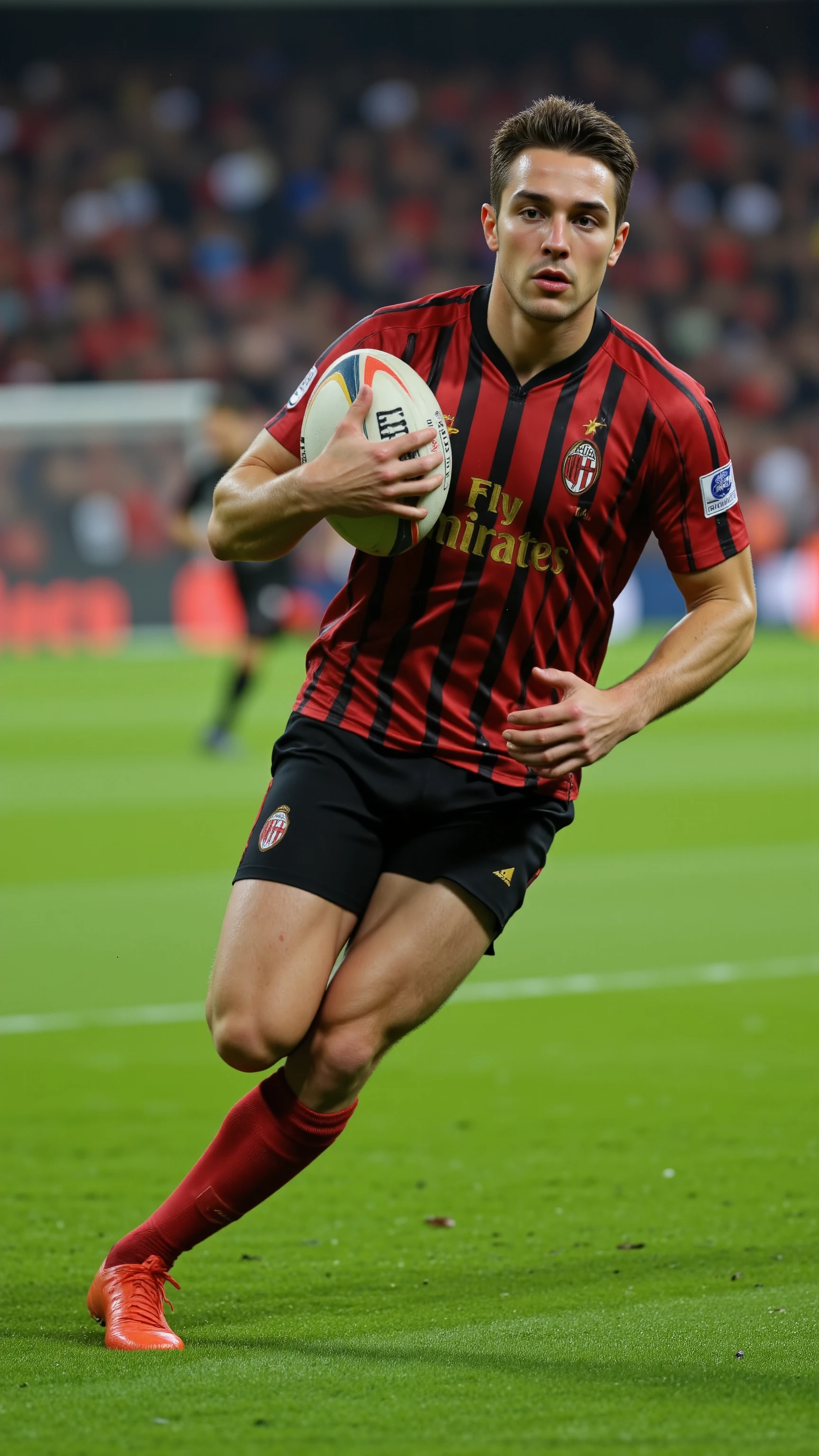 highdefinition image、Italian Treasure Image of Roberto Baccio wearing a ACミランの uniform and running with( a rugby ball) on the ground