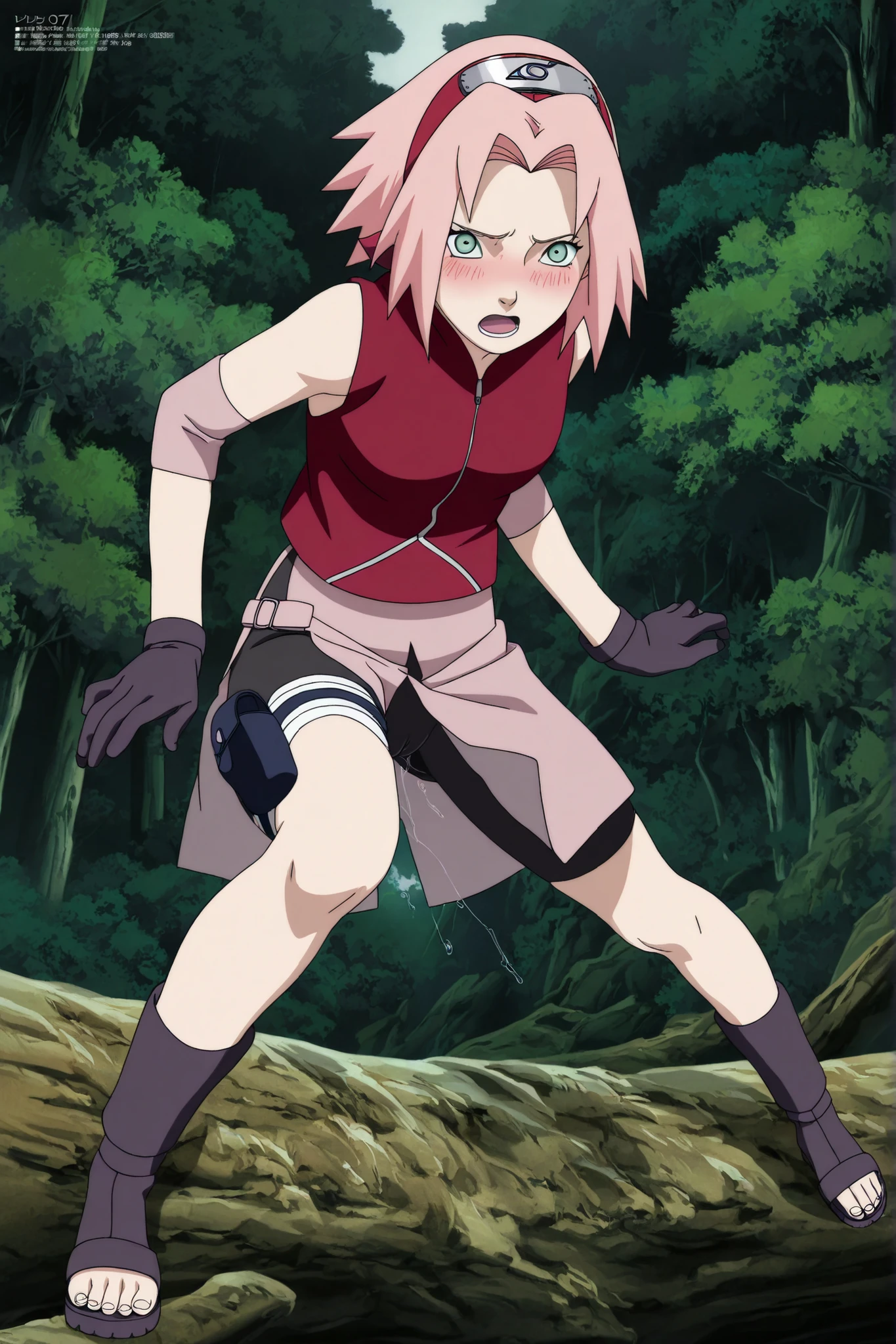 1girl,haruno sakura standing on wood, Posing in a sexy, seductive pose,look at viewer,bandaged thigh,nsfw,score_9,score_8_up,score_7_up,source anime,anime coloring,intricate details, , masterpiece,best quality,amazing quality,professional quality ,very aesthetic ,newest,scenery, ultra detailed ,highly detailed ,intricate , absurdres , high resolution , 4K , 8K , unity 8k wallpaper , crisp quality , sharp focus , rich contrast , rating_explicit , official art, official style,source_anime,anime screencap,anime coloring,megami magazine,anime,animated ,1girl, straight angle, full body, BREAK haruno sakura,1girl,pink hair,Pleading eyes,open mouth,short hair,shinobi outfit,gloves,shorts,bike shorts,jacket,sleeveless,black shorts,bare shoulders,skirt,pink skirt,cameltoe,pussy juice,forest,Sexual, flirtatious,wet pussy,blushing,full body