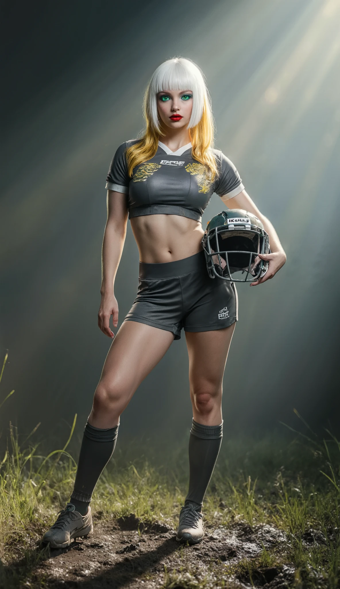 a woman with a fit body, long blonde hair tied in two pigtails, tight-fitting clothes, field hockey player, thick thighs, visible underwear, full-body side view