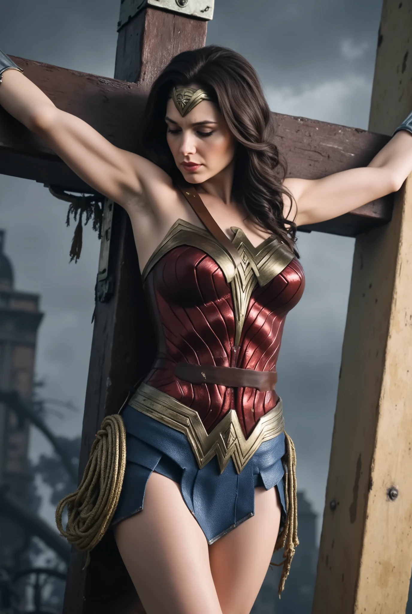 rain,Heavy rain,豪rain,In the midst of a storm,Full body soaked,my hair is soaked,dripping water,((crucifixion)),(cross),(execution),((incontinence)),Bruises on the face,facial scars,close ~ eye,sleeping face,syncope,((Woman in crucifixion at the cross:1.5)),crucifixion刑,(wonder woman),torn costume,tattered clothes,Bruises on the face or body,masterpiece、fine eye、puffy eye、highest quality, 超High resolution, (reality: 1.4), movie lighting、(Ultra-realistic)、(High resolution)、(8k)、(very detailed)、(Super detailed)、 detailed face、bright lighting、professional lighting、slanted bangs、brown hair、20-year-old,wonder womanティアラ, whole body visible, full body shot, ((unconsciousness:1.8)), (injury:1.4)