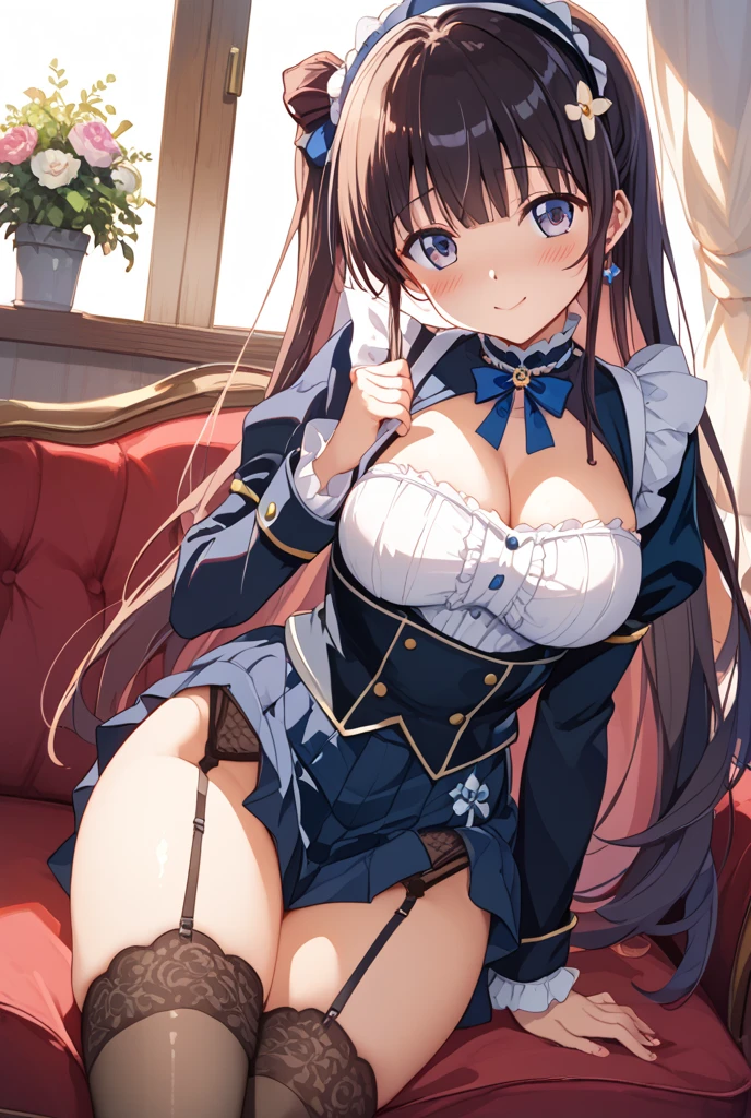 debris flies, highest quality, Highly detailed CG Unity 8K wallpaper, sexy witch , Long length hair、Dark blonde wavy hair、off shoulder knit, dark blue pleated skirt, stockings、medium breasts, saggy breasts, Pose that emphasizes the chest, blush, shy smile, bare shoulders, (((lift up the skirt with both hands、touch crotch、open your legs wide、please open your knees)))、、nice magic book、church bed、lying in bed、、pink panties、pink good