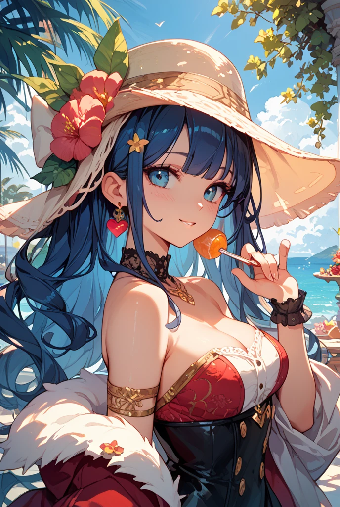 masterpiece, best quality, <lora:shizuru-nvwls-v1-000009:0.9> sumshizuru, straw hat, twin braids, white bikini, necklace, flower bracelet, belt, thigh strap, sunflower, beach, looking at viewer, waves, smile, from above, large breasts, standing, leaning forward