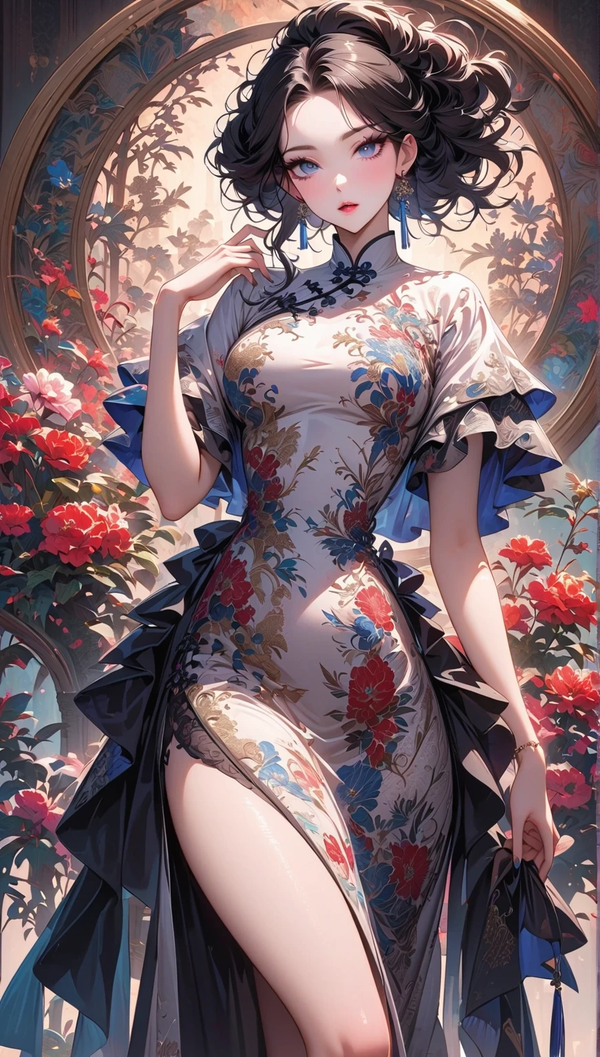 <lora:buyao (1):1>,buyao, 1girl, dress, solo, flower, short hair, red dress, red flower, black hair, black dress, bare shoulders, profile, red theme, long dress, standing, full body, strapless dress, strapless, from side, closed eyes, bangs, sleeveless, gradient, sleeveless dress, gradient background