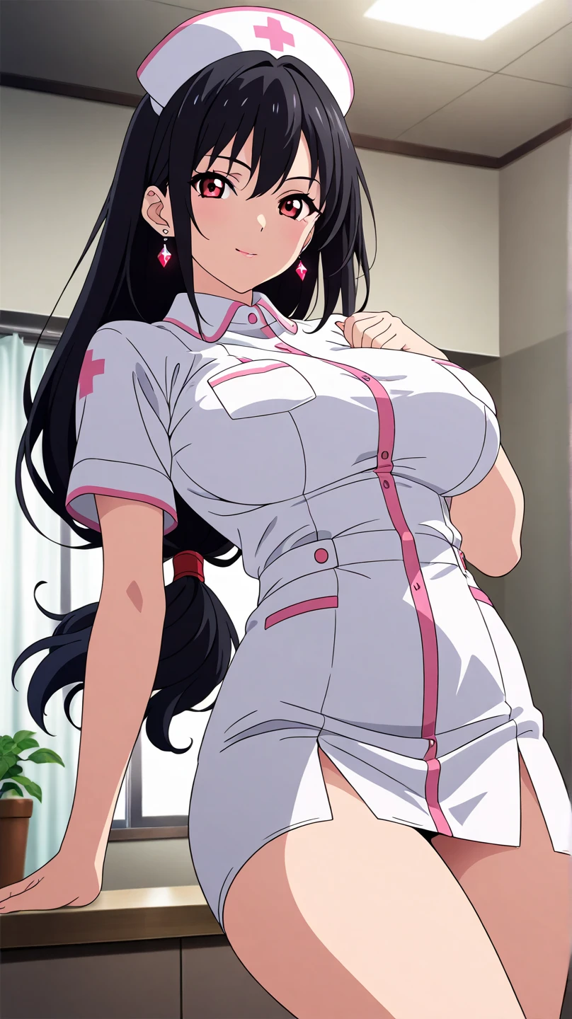 Taimanin Asagi、Asagi Igawa、Black Hair、Eyes are green、Long Hair、Huge breasts、Nurse uniform with open chest、Butt Show