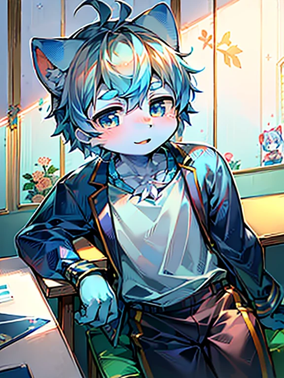 1boy,cat boy,(furry:1.5),light blue fur,blue eyes,blonde hair,body fur,literature,open cardigan,shorts,solo,flat chest,petite,short hair,delicate muscle line,(thick thighs:0.5),collar,sfw.