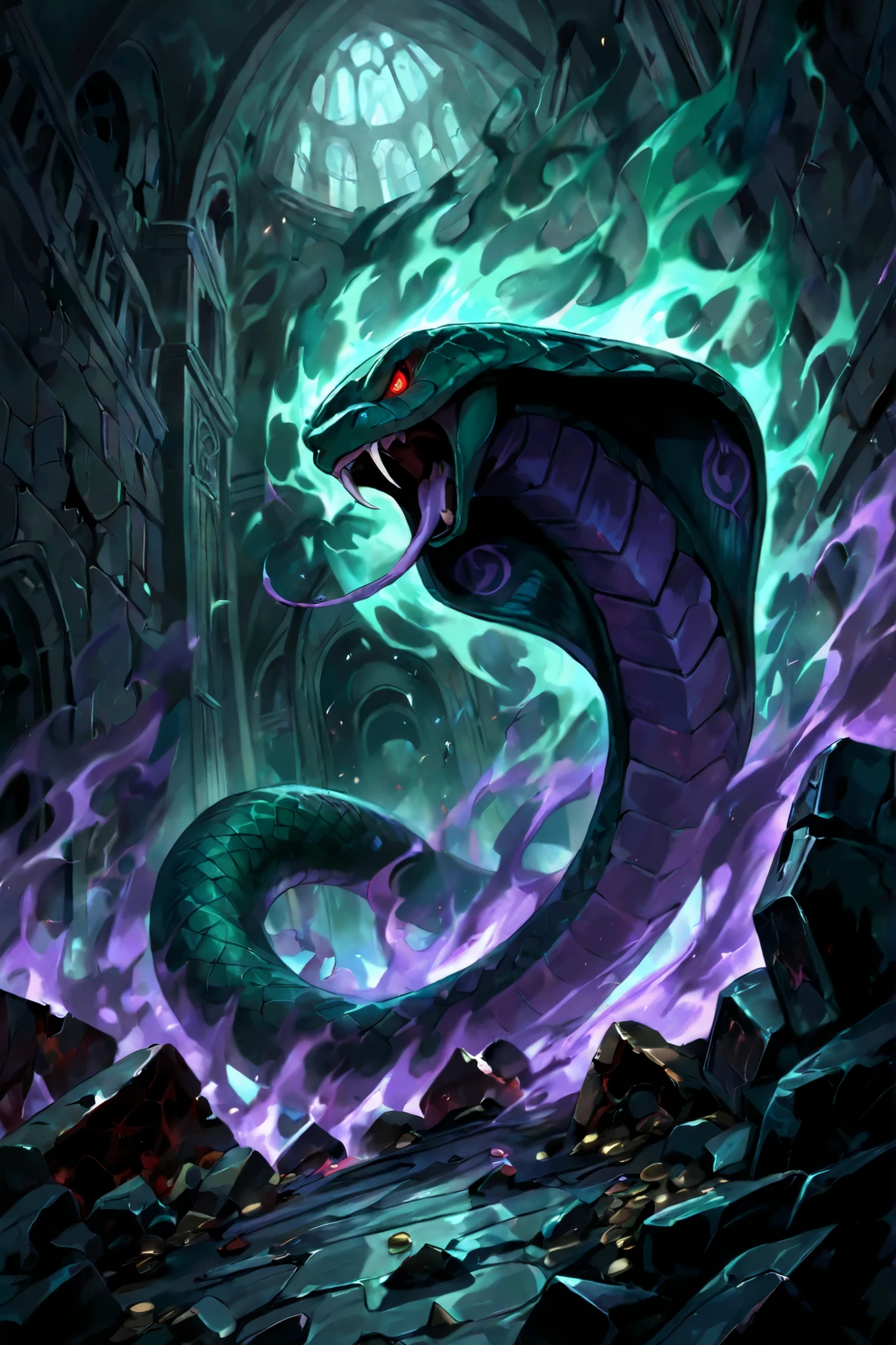 (masterpiece, 2k, high detail), giant snake, cobra, hooded snake, red eyes, fiery eyes, purple body purple scales, green body, green scales, fangs, forked tongue, decaying flesh, large braziers, black flames, bones, human remains on the ground, broken treasure chests of decayed wood, melted coins, inside a palace made of obsidian, engravings of the damned on the walls, underworld, hell, broken sections of wall,  shadow aura, close up, dnd, fantasy art