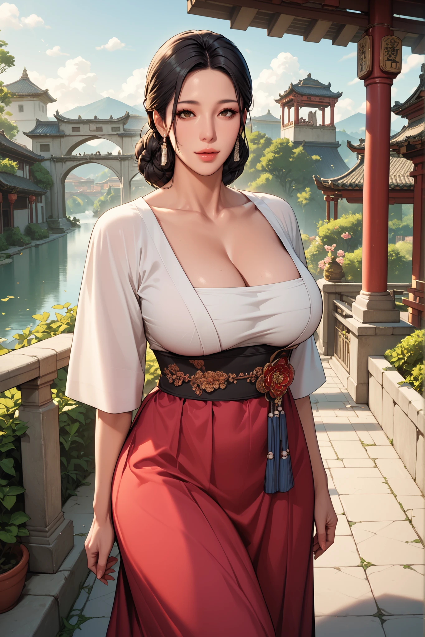 Sexy and Big Breasted Ancient Korean Milf. black hair. Exposing and sexy Hanbok. At 12 p.m., I'm walking over the garden bridge behind the palace. evening background