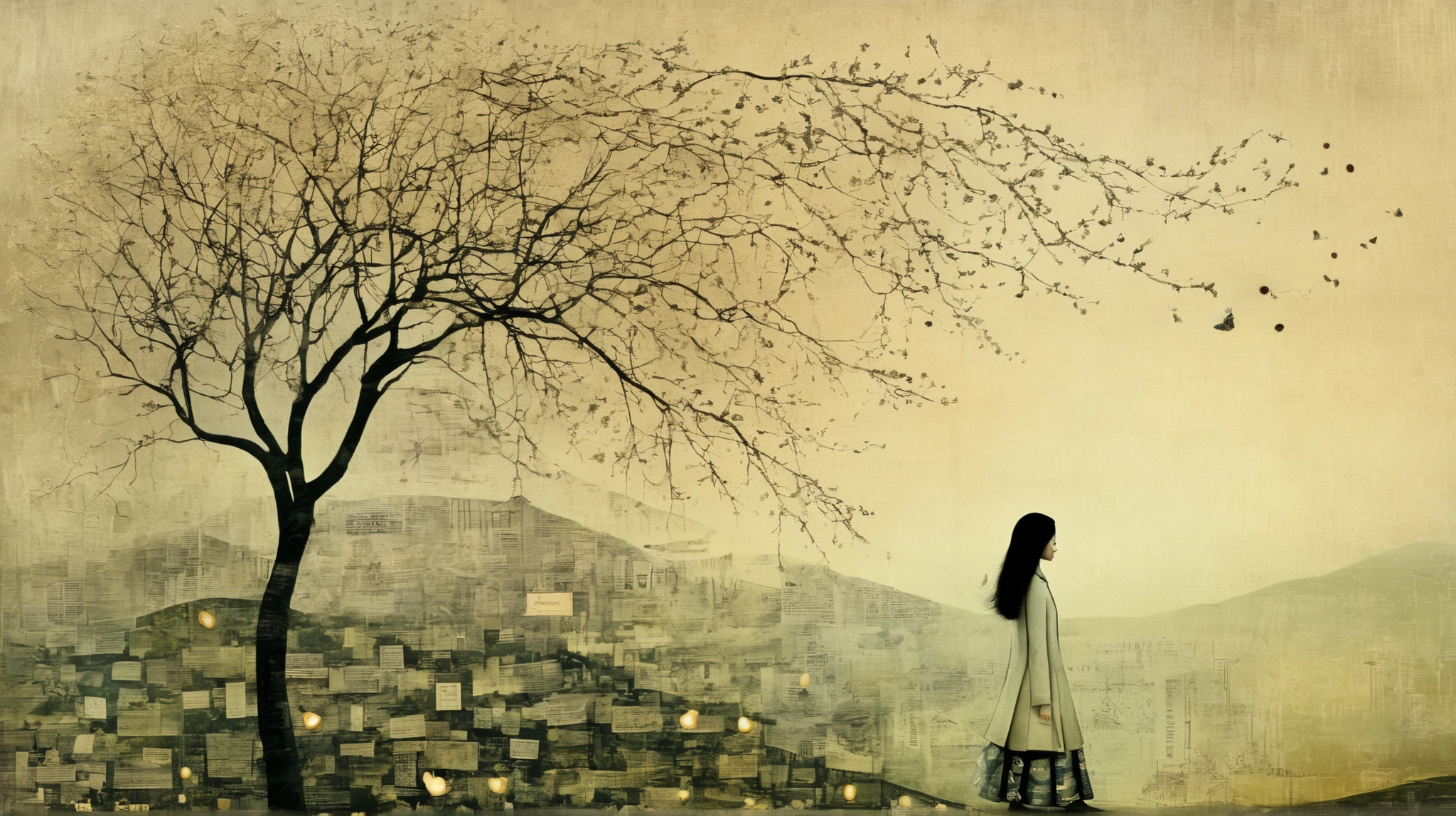 layered, a woman walking trought her memories, represented with a background texturized with decoupage, caligraphy, letters, whimsy mood, moody colors by Catrin Welz-Stein and Chiho Aoshima