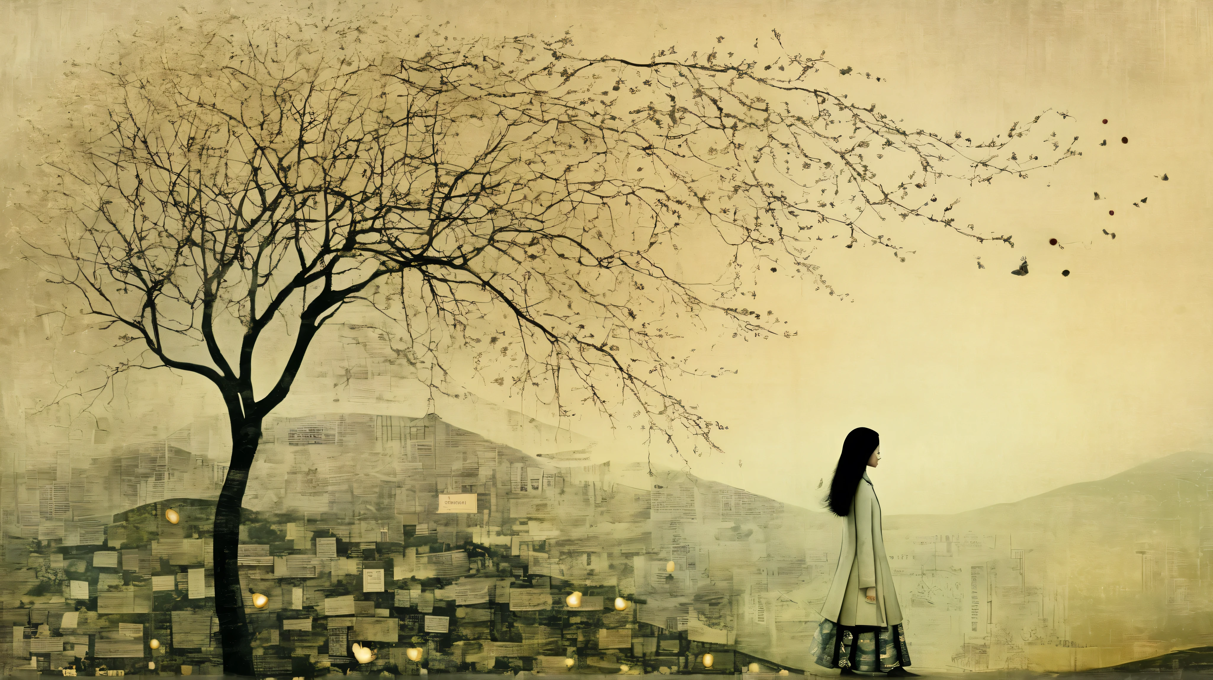 layered, a woman walking trought her memories, represented with a background texturized with decoupage, caligraphy, letters, whimsy mood, moody colors by Catrin Welz-Stein and Chiho Aoshima