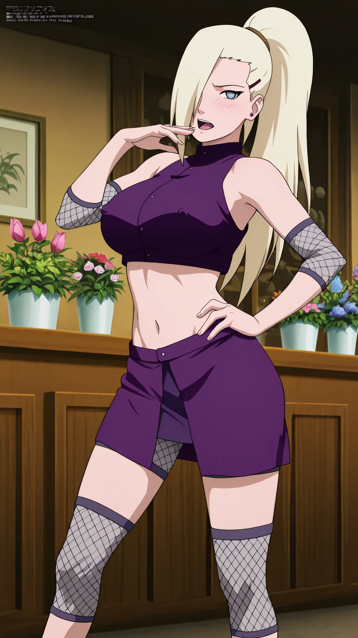 yamanaka ino Seductive pose,sexy pose,masterpiece, best quality, amazing quality, front light, anime screencap, 1girl, solo, InoShipuuden, blonde hair, high ponytail, hair over one eye, midriff, fishnets, crop top, big breasts, blue eyes, At the flower shop, purple skirt,cover nipple, open mouth,short pants mesh, standing, masterpiece,best quality,amazing quality,professional quality ,very aesthetic ,newest,scenery, ultra detailed ,highly detailed ,intricate , absurdres , high resolution , 4K , 8K , unity 8k wallpaper , crisp quality , sharp focus , rich contrast , rating_explicit , official art, official style,source_anime,anime screencap,anime coloring,megami magazine,anime,animated ,1girl,yamanaka ino,shy,blushing