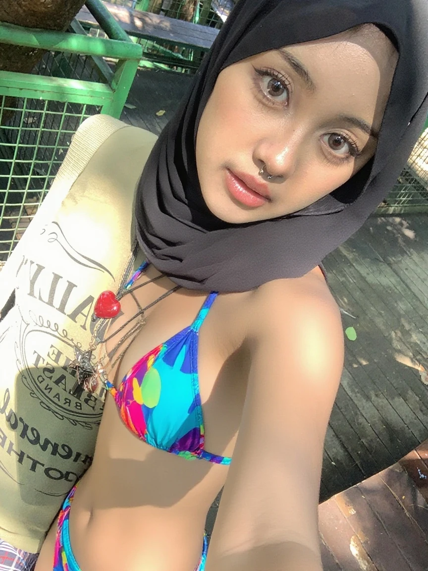 Seductive pose (Wearing strapless Colourful bra, (floral pattern), Naked, (((SHORT HIJAB MALAY GIRL))), masutepiece, High quality, UHD 32K, Realistic face, Realistic skin feeling , A Japanese Lady, 8 years old, , Very cute and baby-like face, (((FLAT CHEST))), (MATRIX WORLD), ((look In front at the camera and SADNESS)), (((WHITE))), (((CUTE GIRL))), ((CHUBBY)), (undress, at river happy smile
