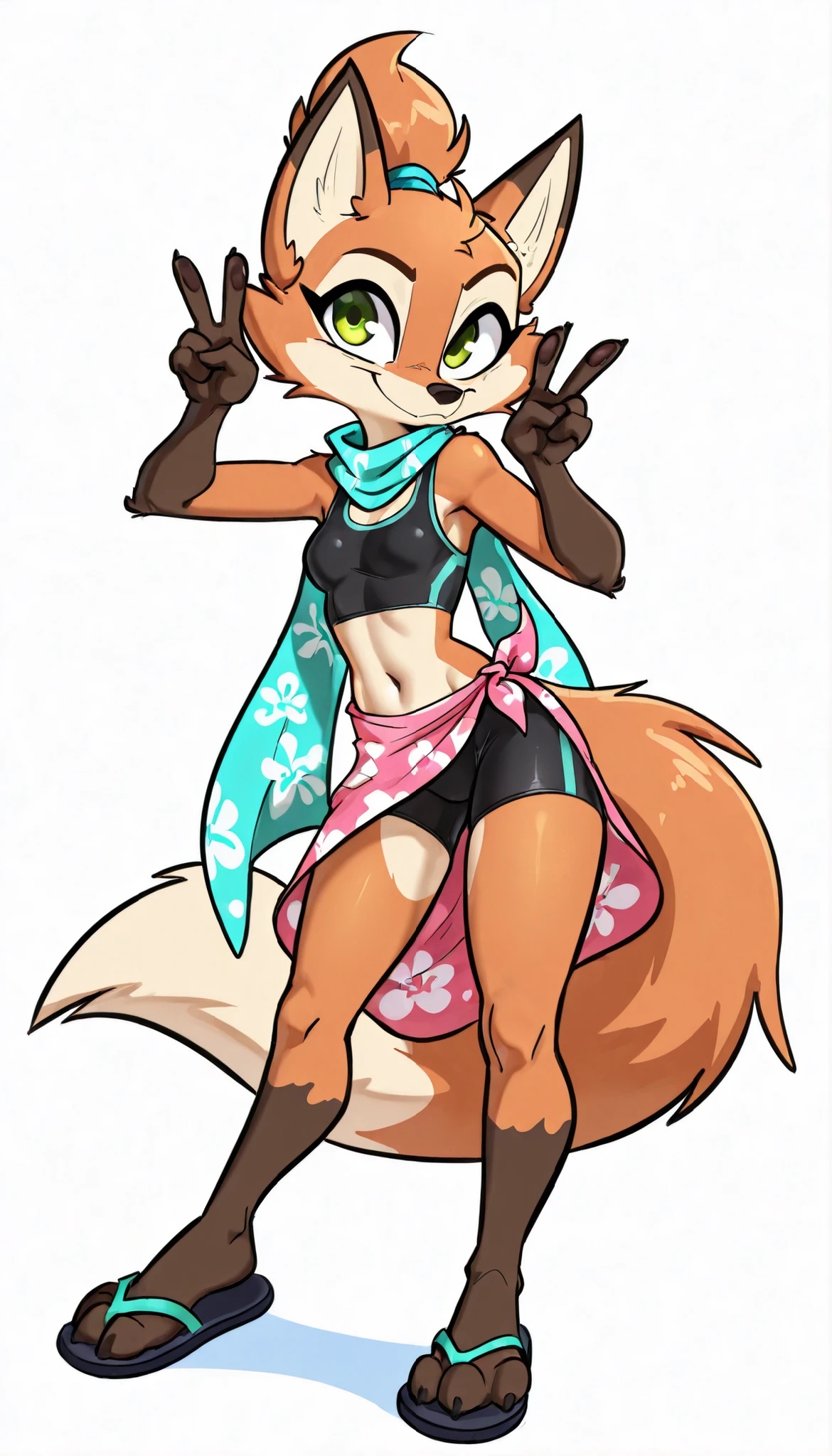 score_9, score_8_up, score_7_up, 1girl, source furry, absurdres, masterpiece, best quality, amazing quality, siroc, solo, dynamic angle, fleetfox, furry, fox, orange fur, green eyes, female, short hair, spiky pointed bangs tuft, ((fleetSummer, black tankini, midriff, black bike shorts, navel, turquoise long scarf with flower pattern, pink sarong, flip flops)), full body, feets with three toes, small breasts, ponytail, smile, standing, v, peace sign with one hand, white background, simple background,