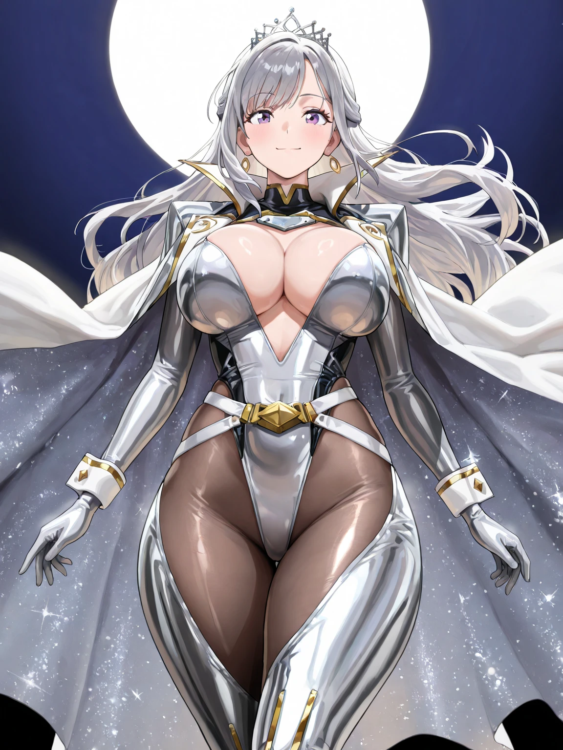 1girl, dark-skin, dark-skinned female, white hair, long hair, black leotard, white trim, large breasts, thick thighs, belt, thighhighs, pantyhose, knife, mature female, milf, toned, tall, shoulder armor, sleeves, long sleeves, gloves, elbow gloves, neon, neon trim, neon lights, futuristic, science-fiction, tech, machinery