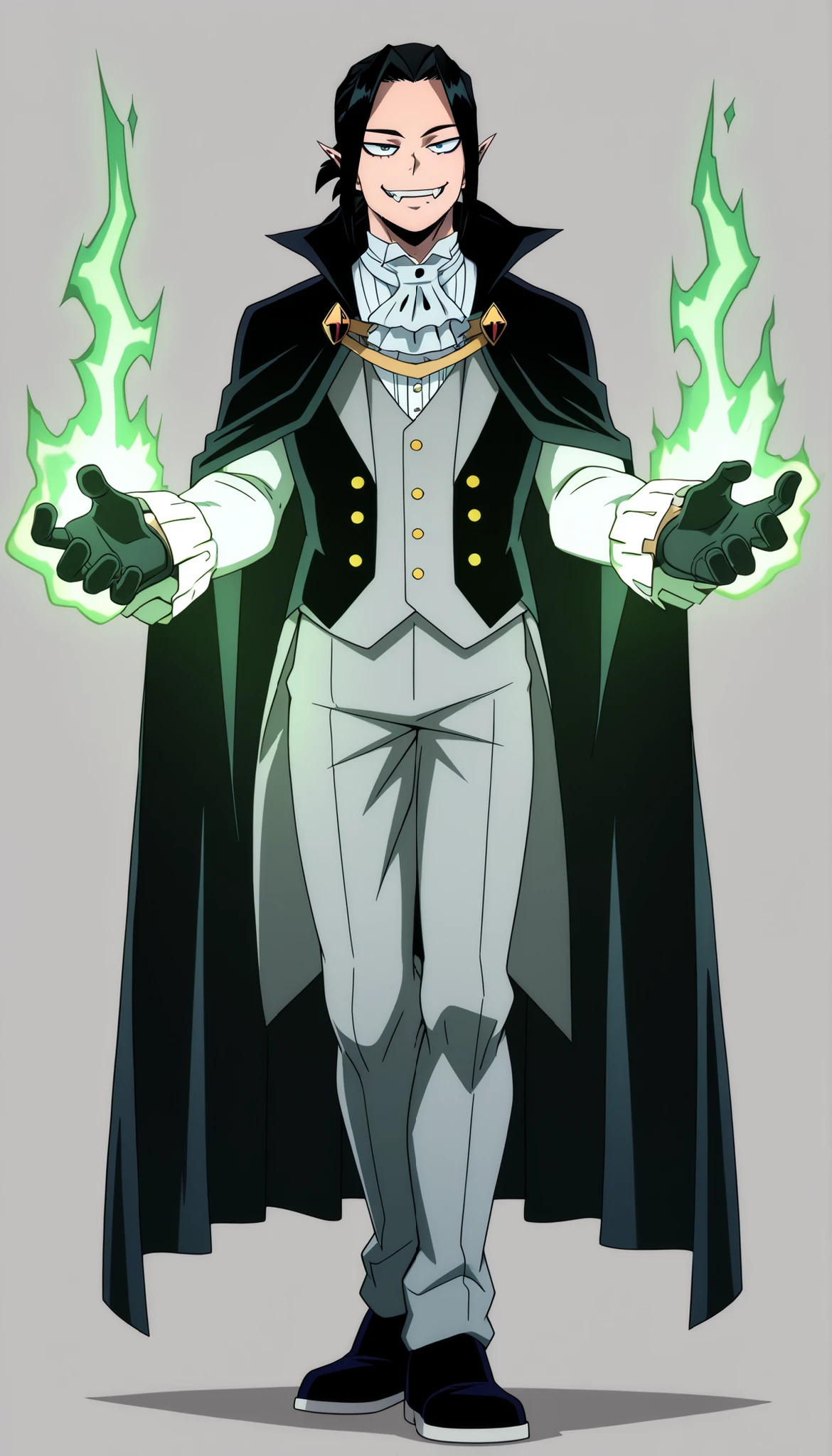 ((Highest Quality)), ((Simple Light Grey Background)), (My Hero Academia Style), standing, 1Male, Male, solo, Athletic body, Full Body, Handsome, Earl's Attire, Dark Victorian Earl's Attire, Dark Victorian Earl's Attire, Very long black cape, long black cape, black cape, (very High-collared cape), Short black hair, hair intakes, intakes Bangs, symmetrical bangs, parted bangs, streaked hair tips, sidelocks, straight hair, black hair, Bob haircut, Green eyes, very long pointy ears, half-closed eyes, flirtatious smile, sensual expression, long upper fangs, protruding fangs, Black gloves, elegant gloves, black shoes, vampire, handsome vampire, handsome man, Green magic aura, green aura, green magic, green magic effects,